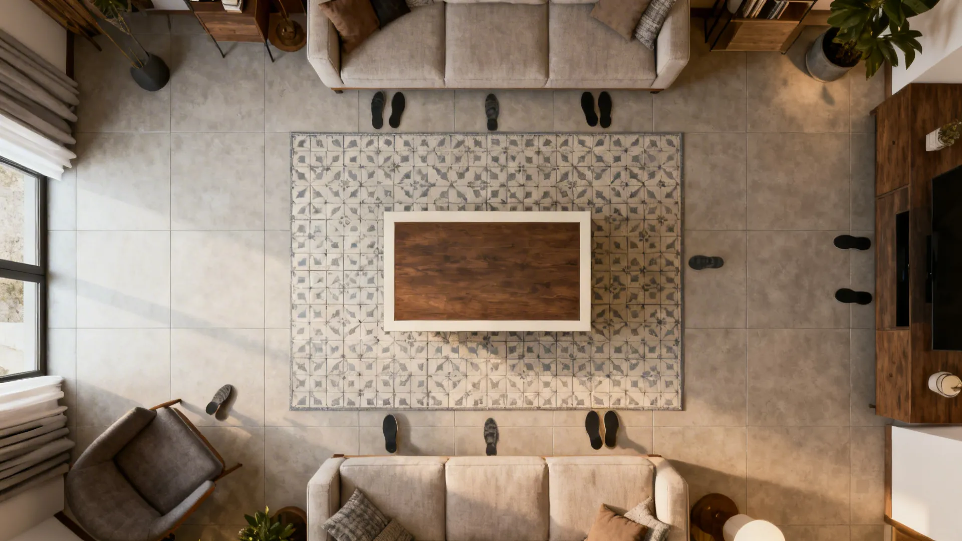 Top-down layout showing a patterned tile rug with border aligned to living room furniture.