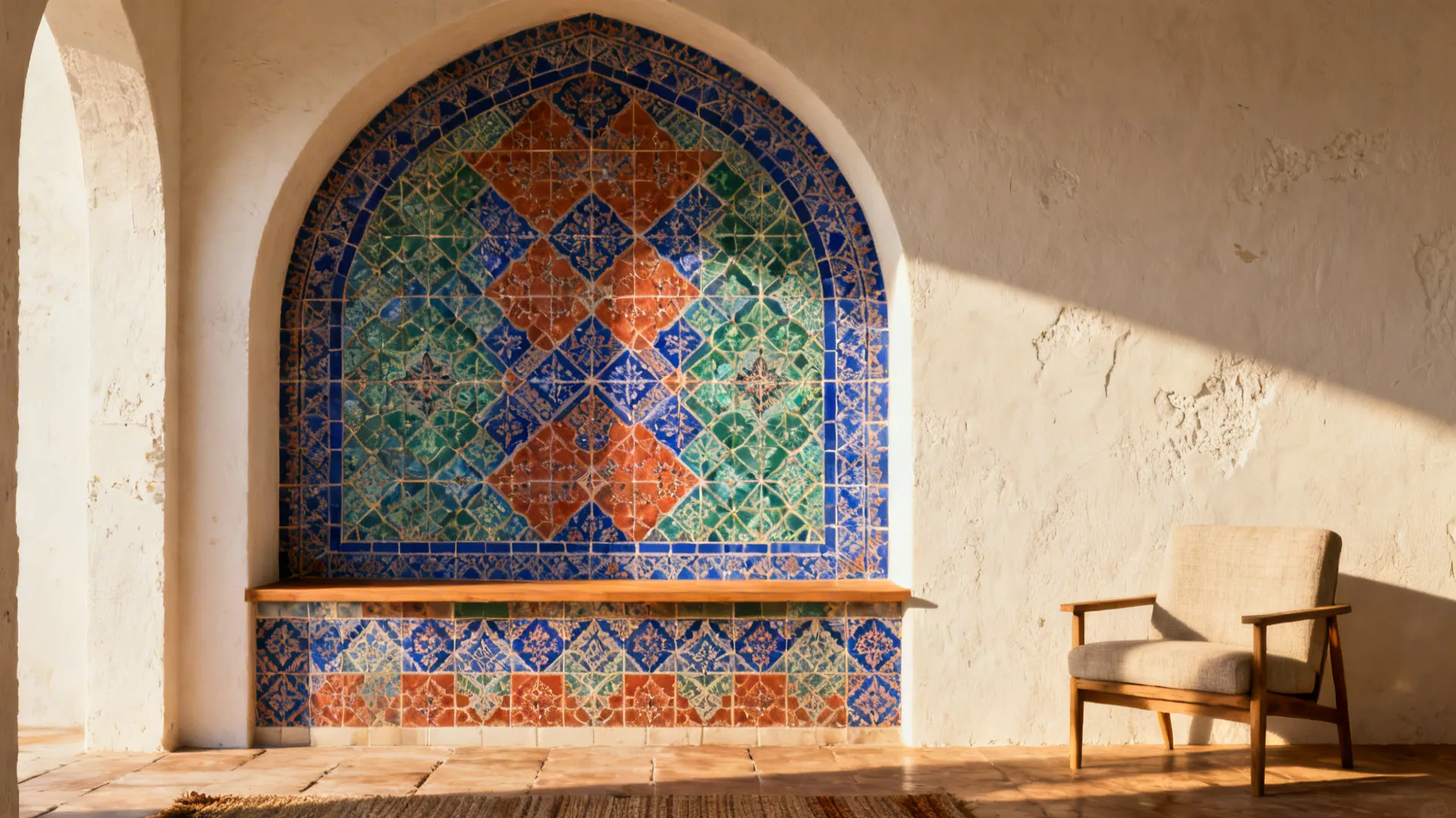 Arched wall niche with colorful patterned tiles beside a wooden chair in a sunny living room