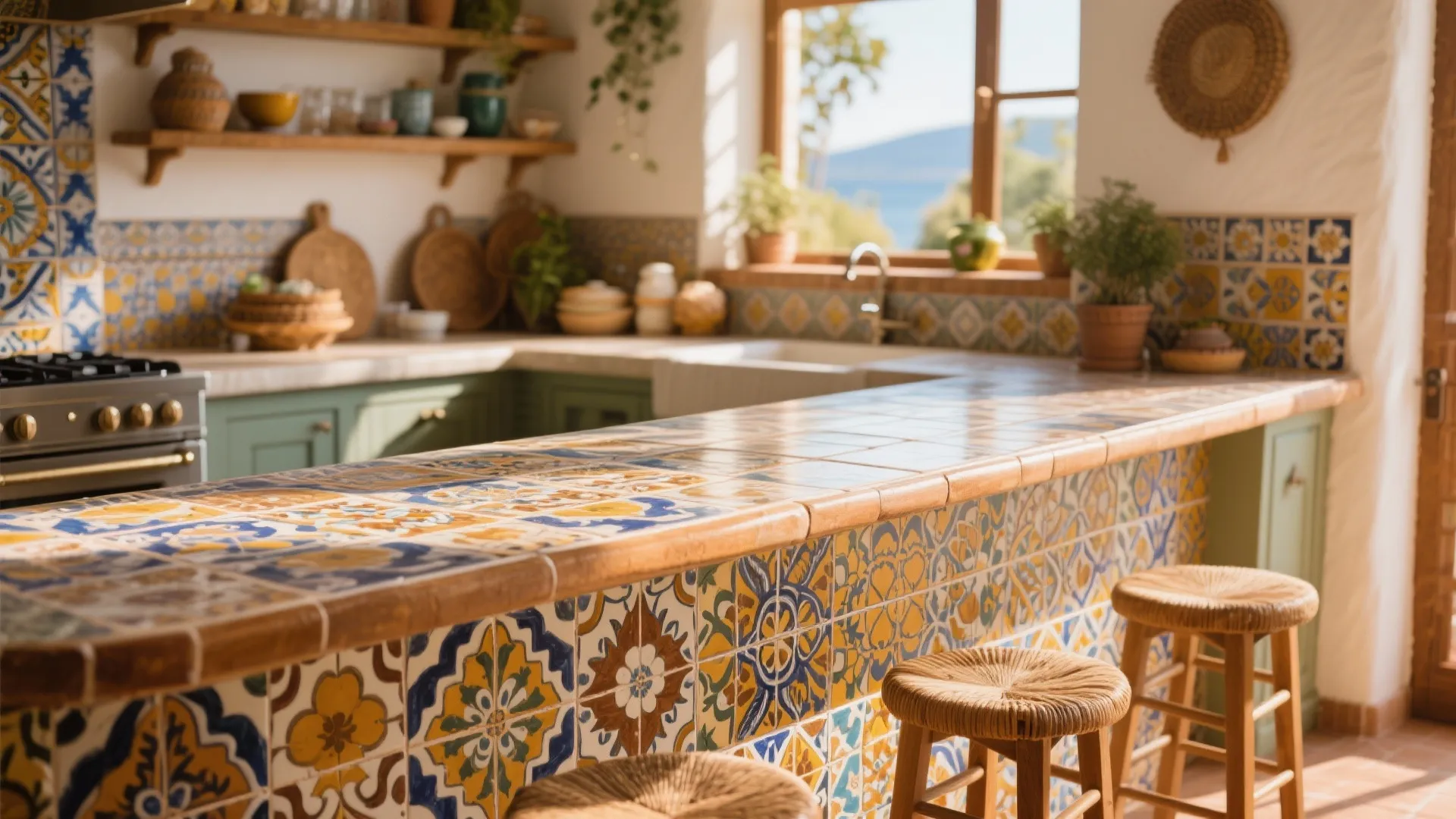 Traditional kitchen with colorful pattern tiled breakfast bar and wooden stools under bright natural light