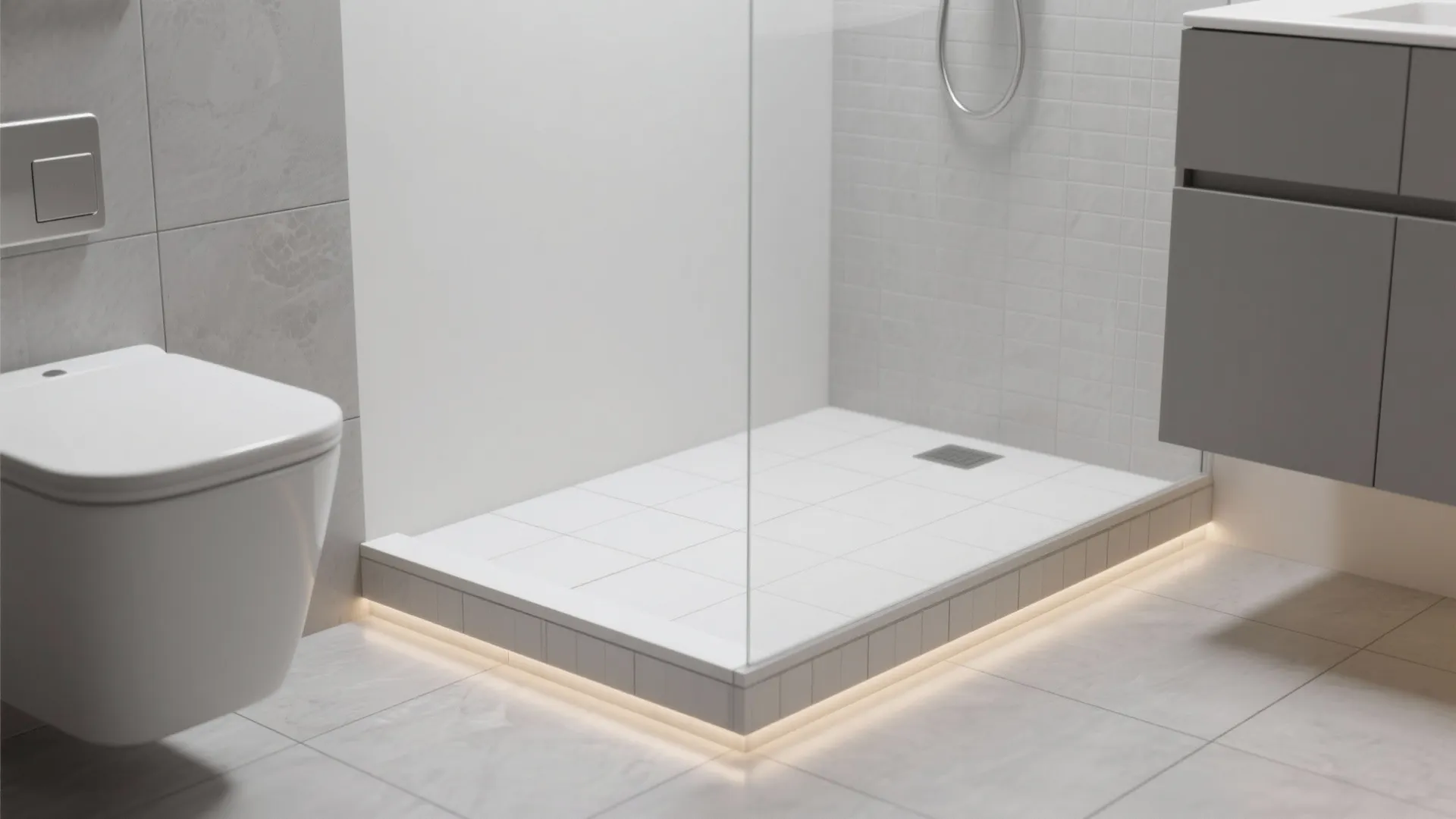 Modern bathroom with white tiled shower area glass partition wall hung toilet and grey cabinet