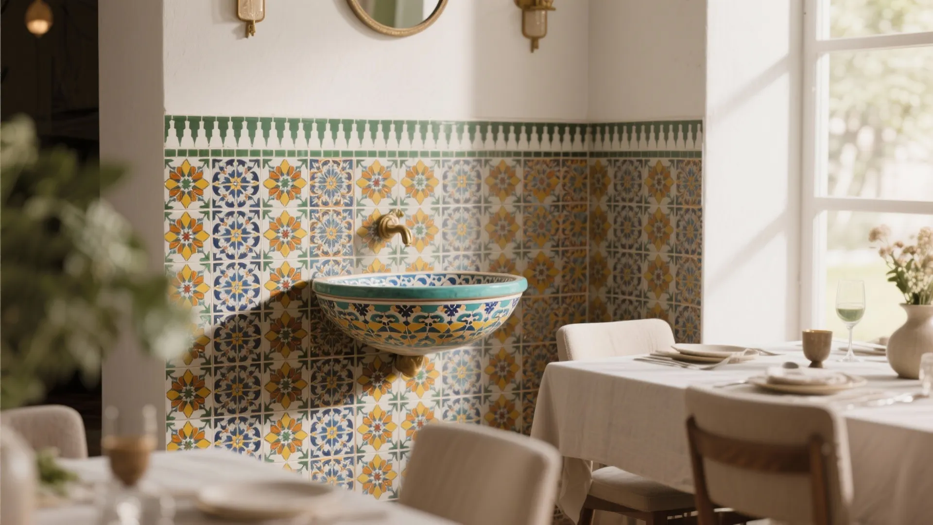 Colorful patterned wall tiles behind a small wall sink in a bright Mediterranean dining area