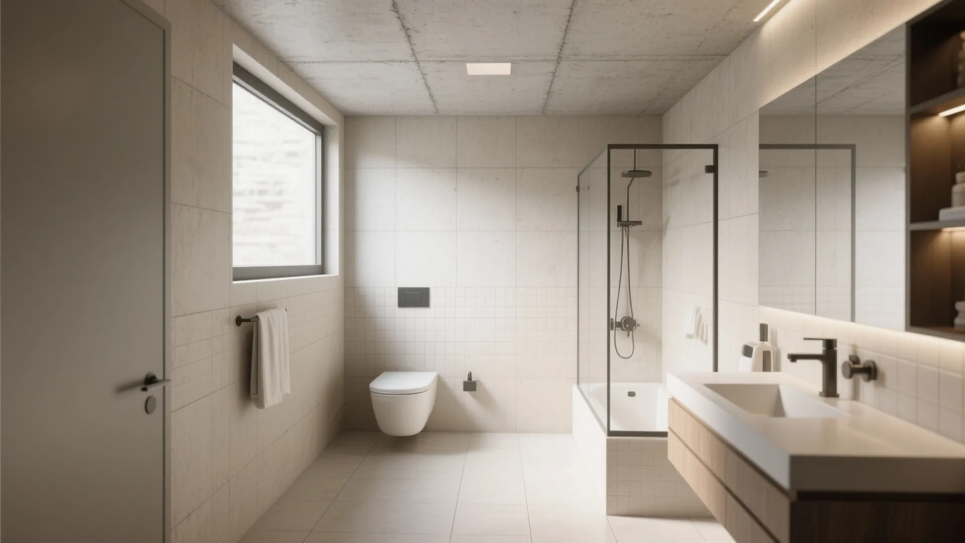 Minimalist bathroom interior with white wall tiles wooden cabinet white sink toilet and shower glass