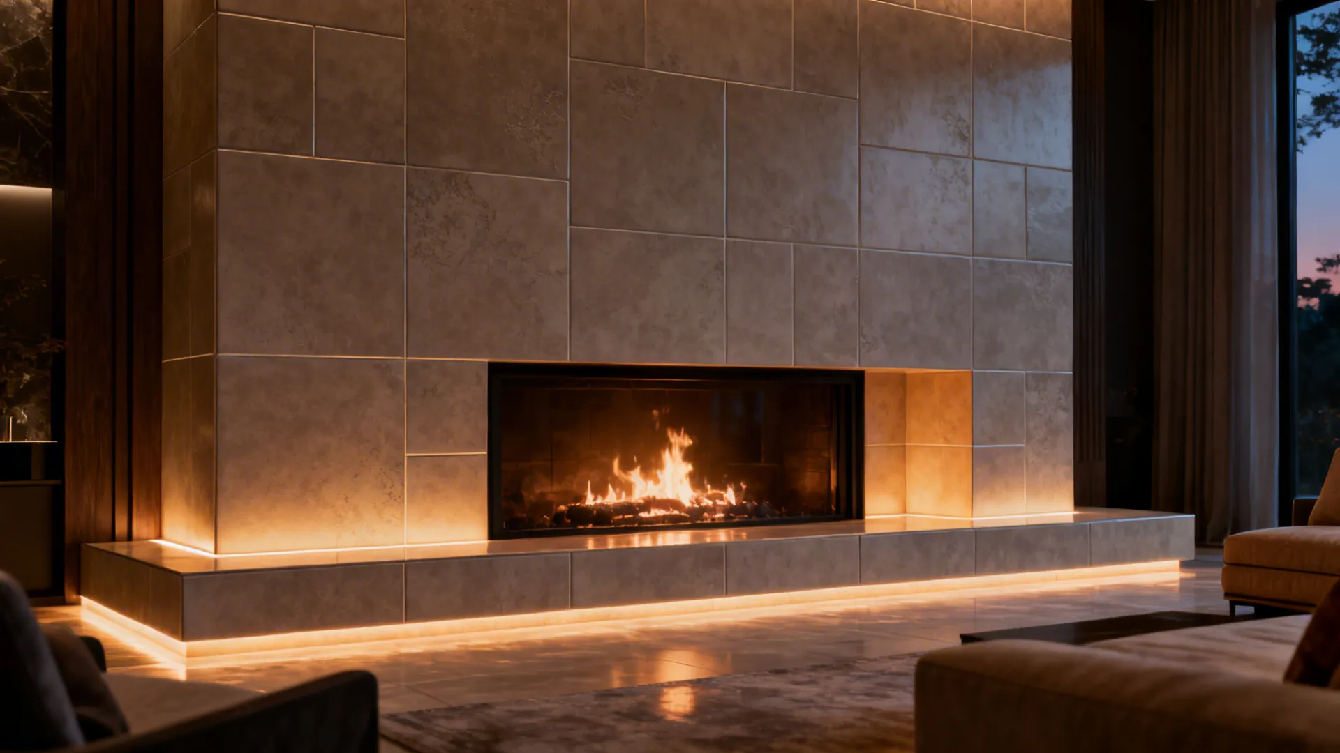 Modern stone tiled wall with a warm fireplace, integrated lighting, and a soft beige rug