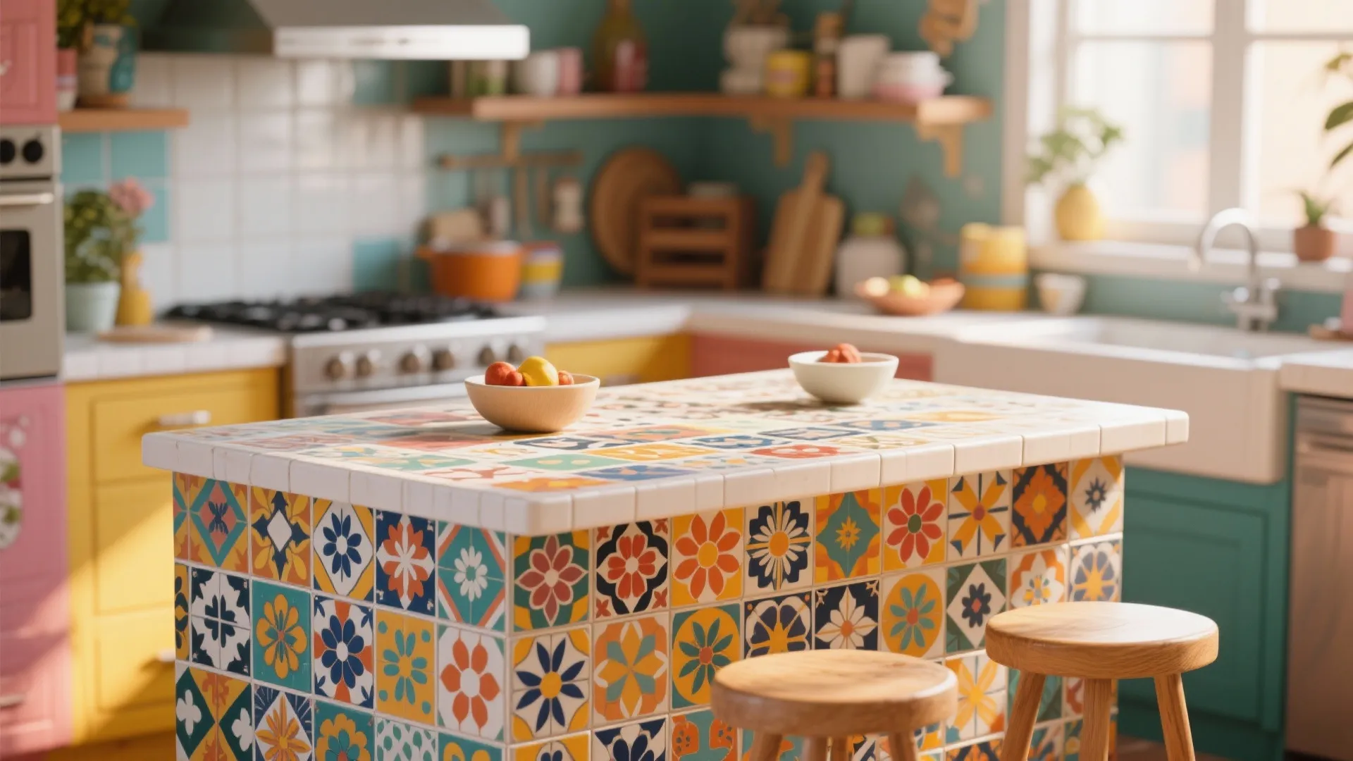 Colorful kitchen island with patterned floral tiles on top and side plus two wooden stools