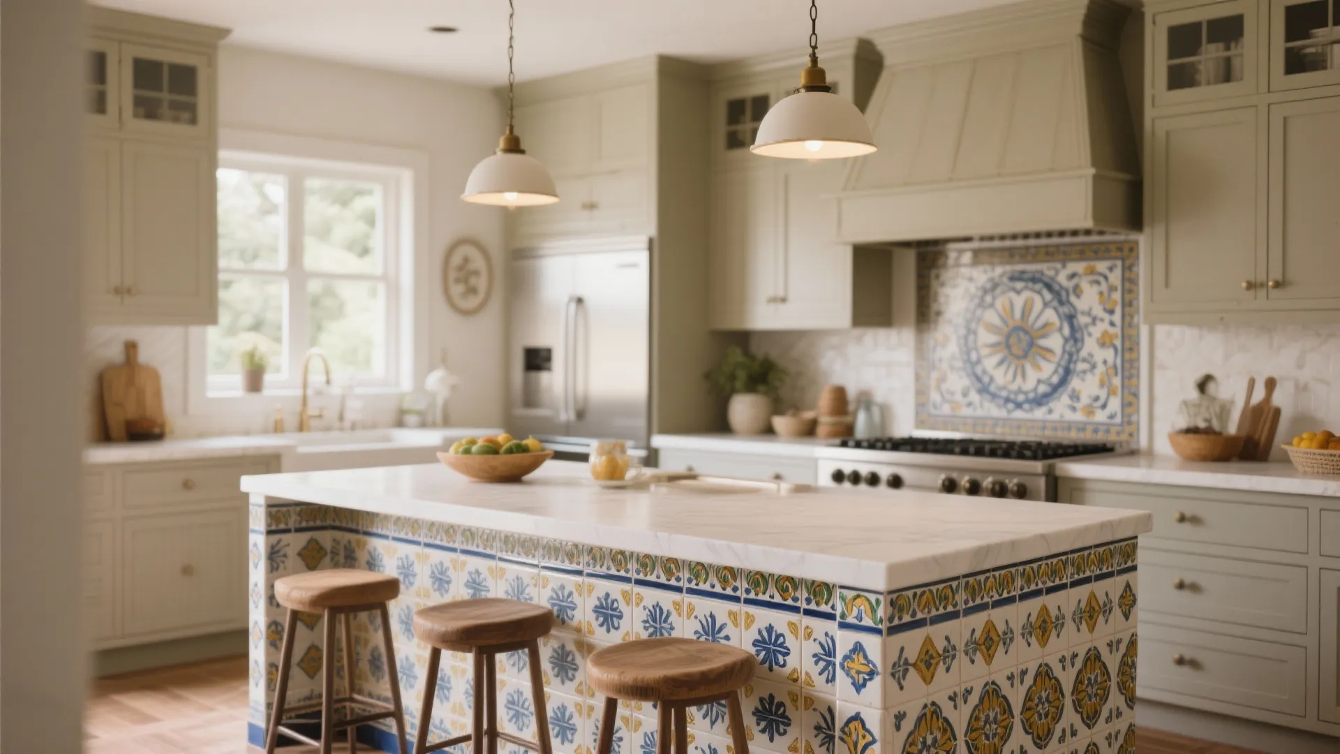 Kitchen island base decorated with hand-painted Spanish tiles