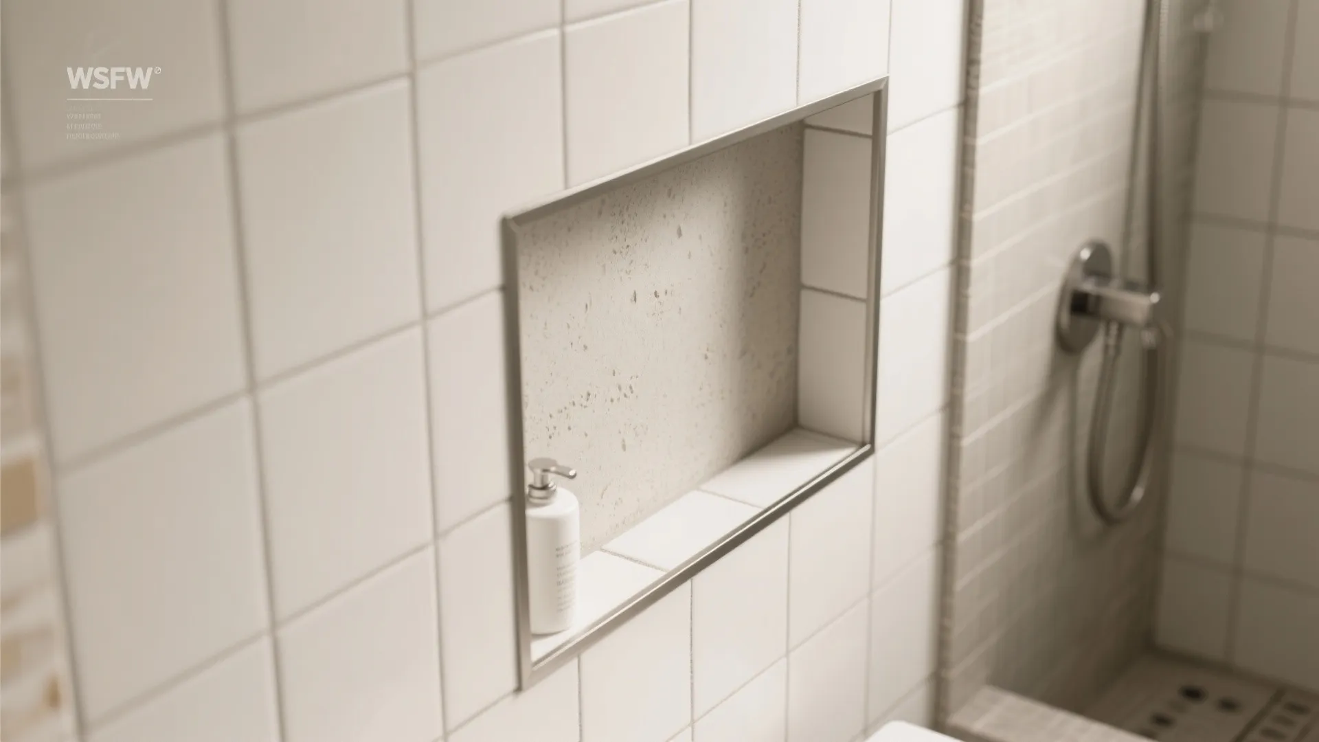 Modern white bathroom wall tiles with a built in wall shelf holding one white bottle
