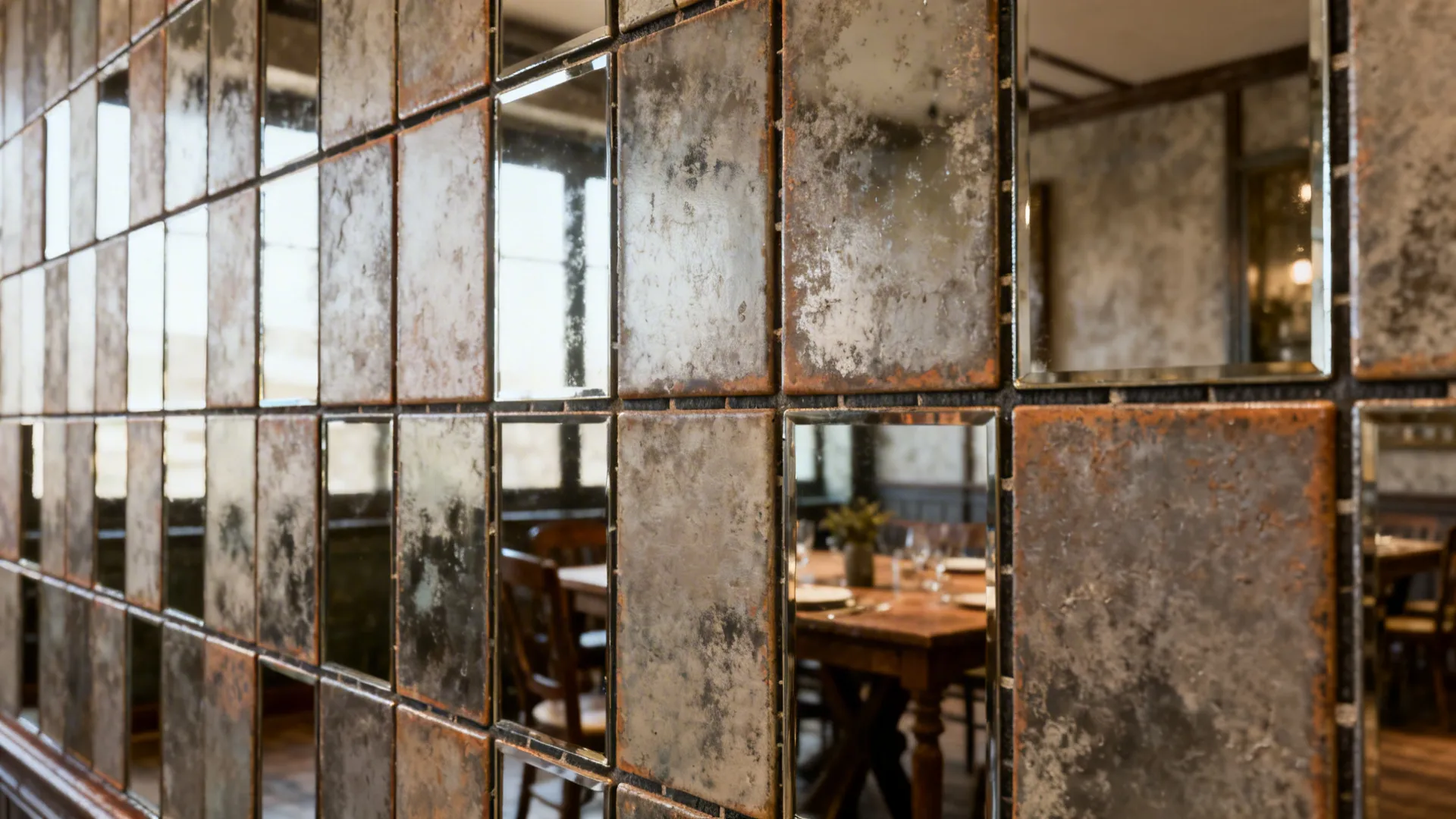 Close-up of tiled or paneled mirrors showing grout lines and textured reflections in a dining area.