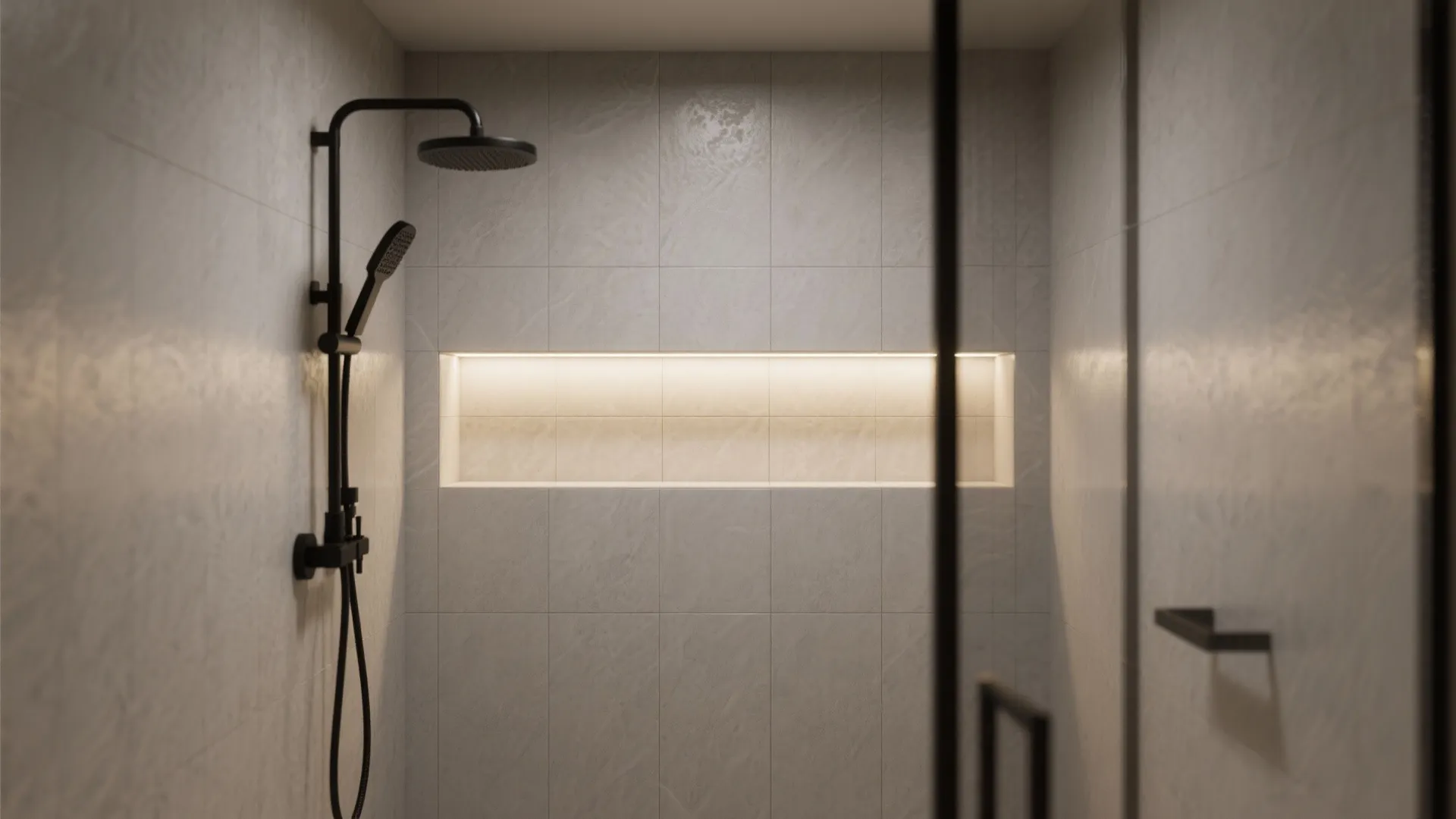 Minimalist Tiled Shower Niche with Subtle Lighting