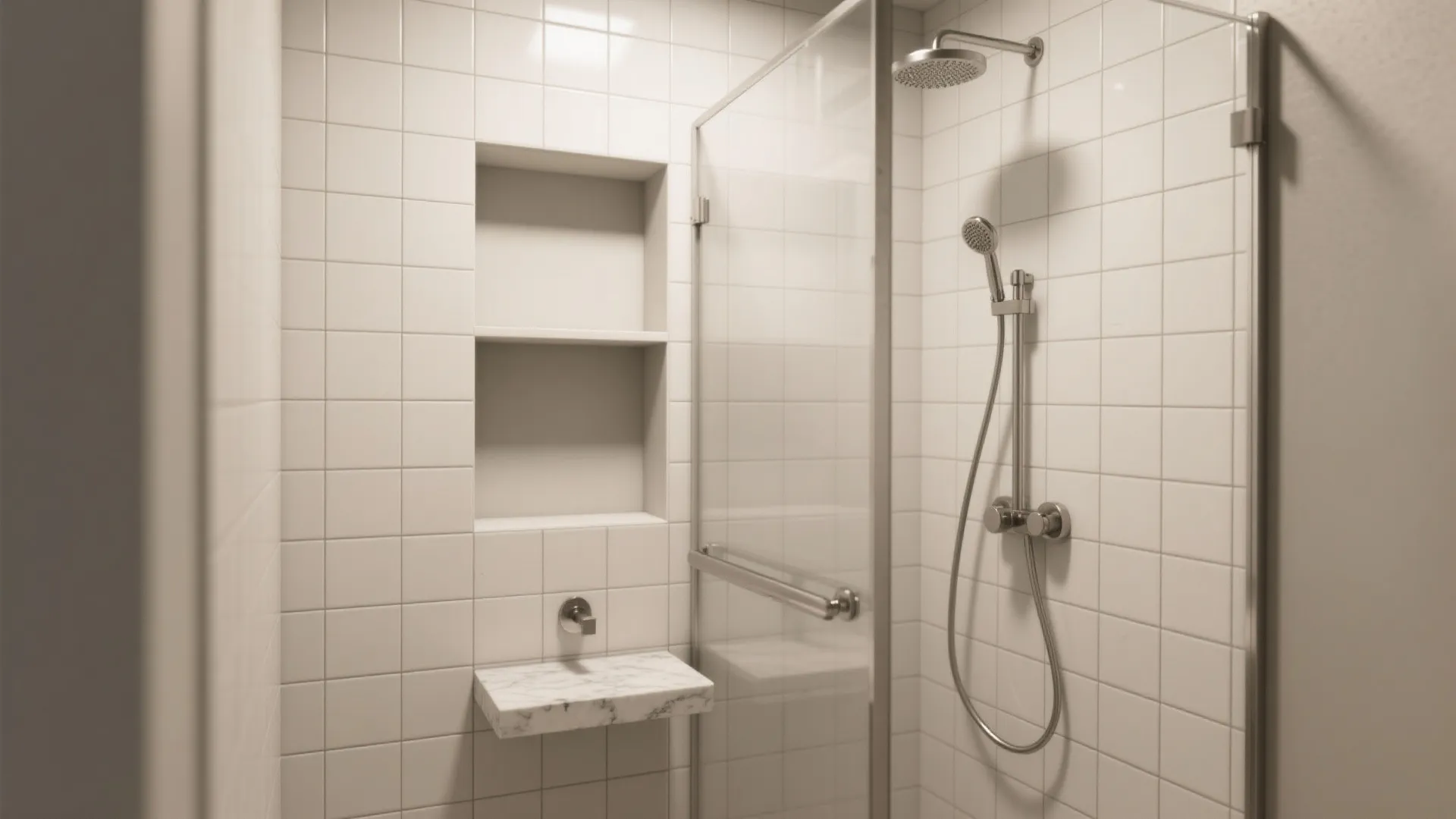 White tiled shower area with glass door wall light fixture and two empty wall storage niches