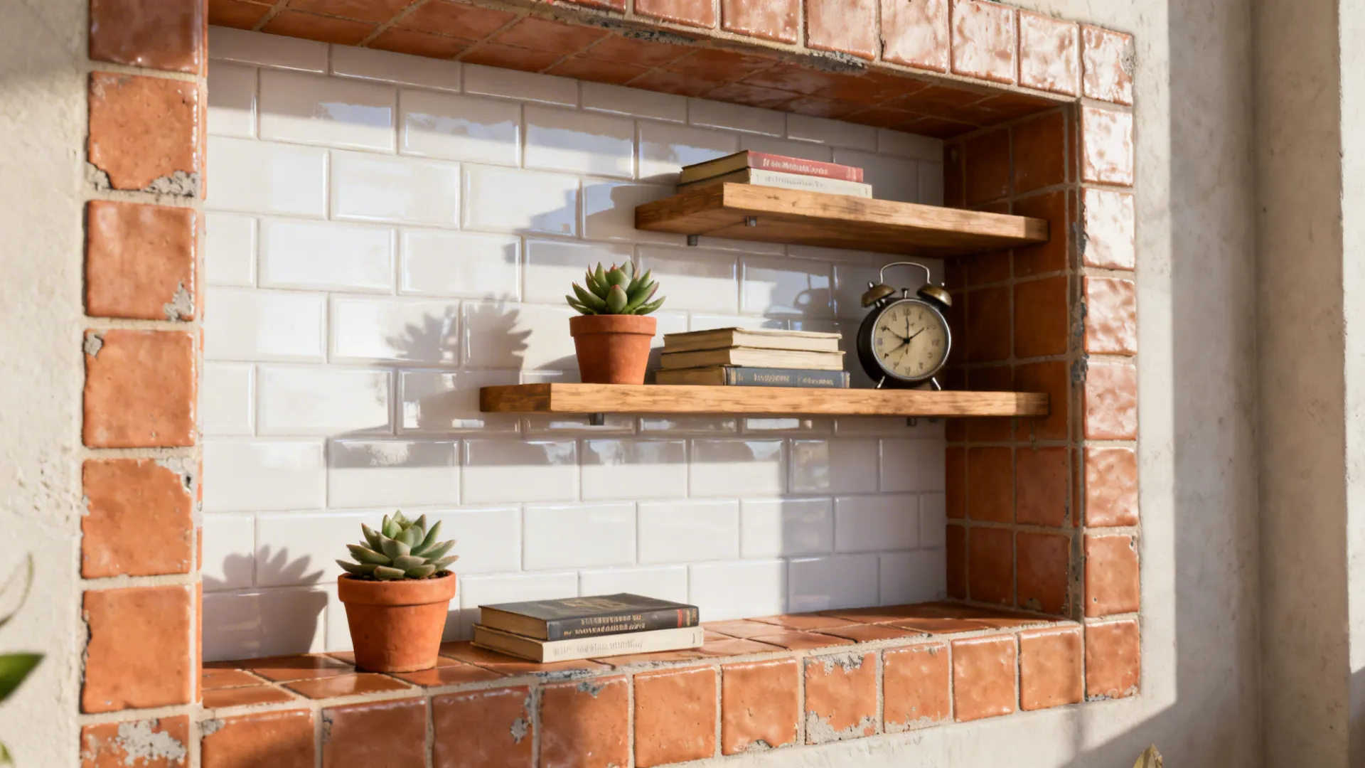 Recessed niche shelves with tiled back, styled with plants and books for subtle texture.