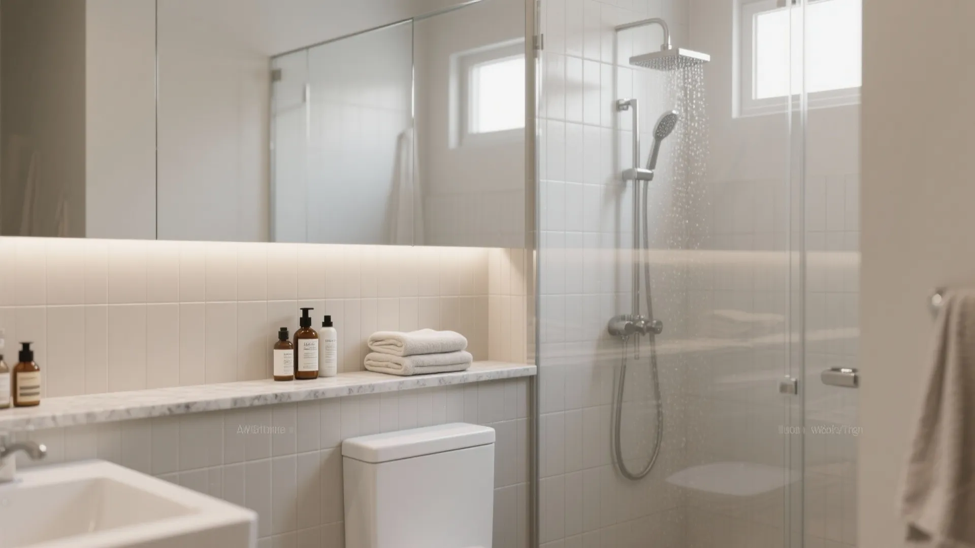 Modern bathroom with marble wall ledge holding soap bottles towels next to a glass shower
