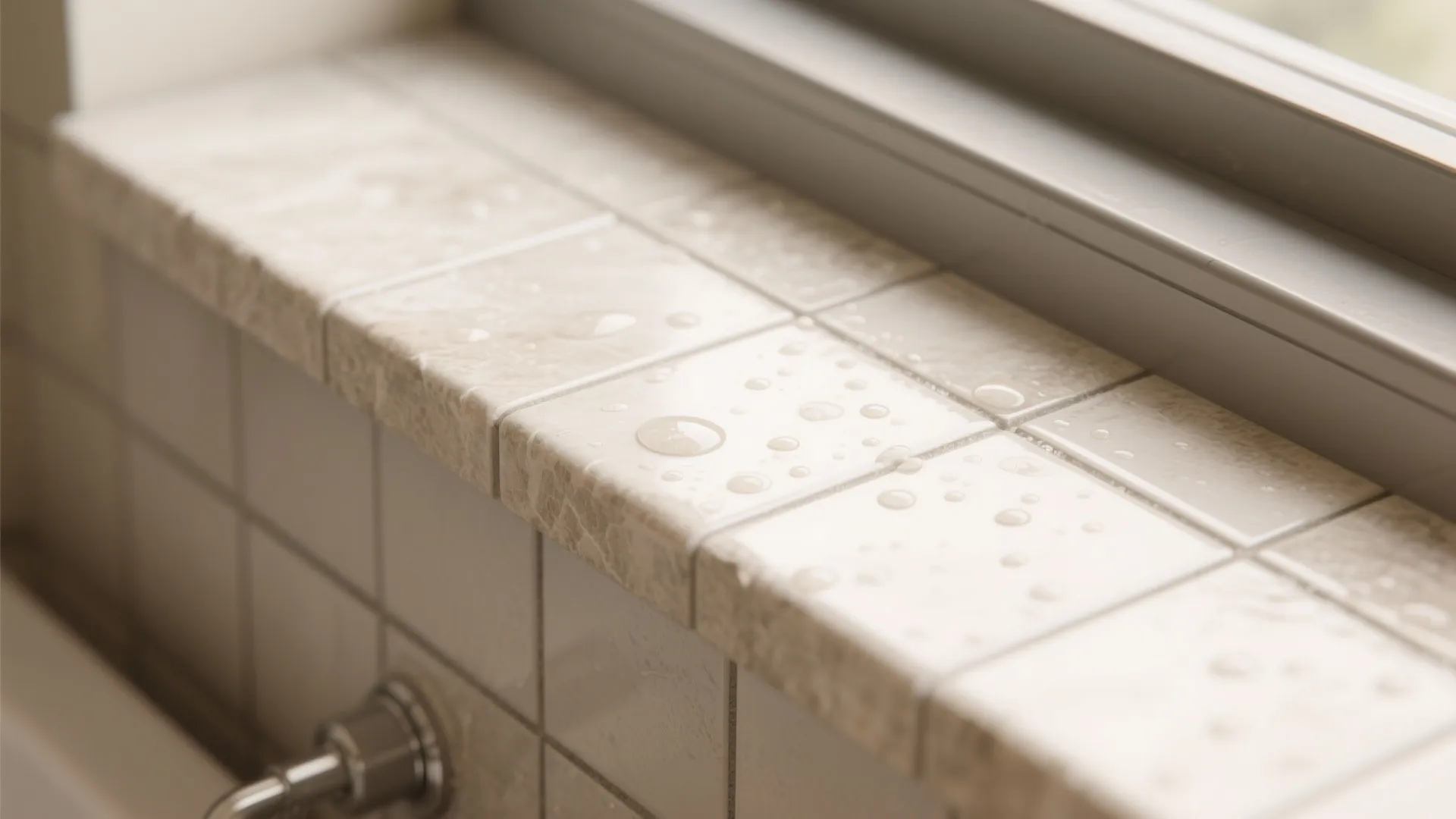 Close up view of beige square tiles on a window ledge with clear water droplets