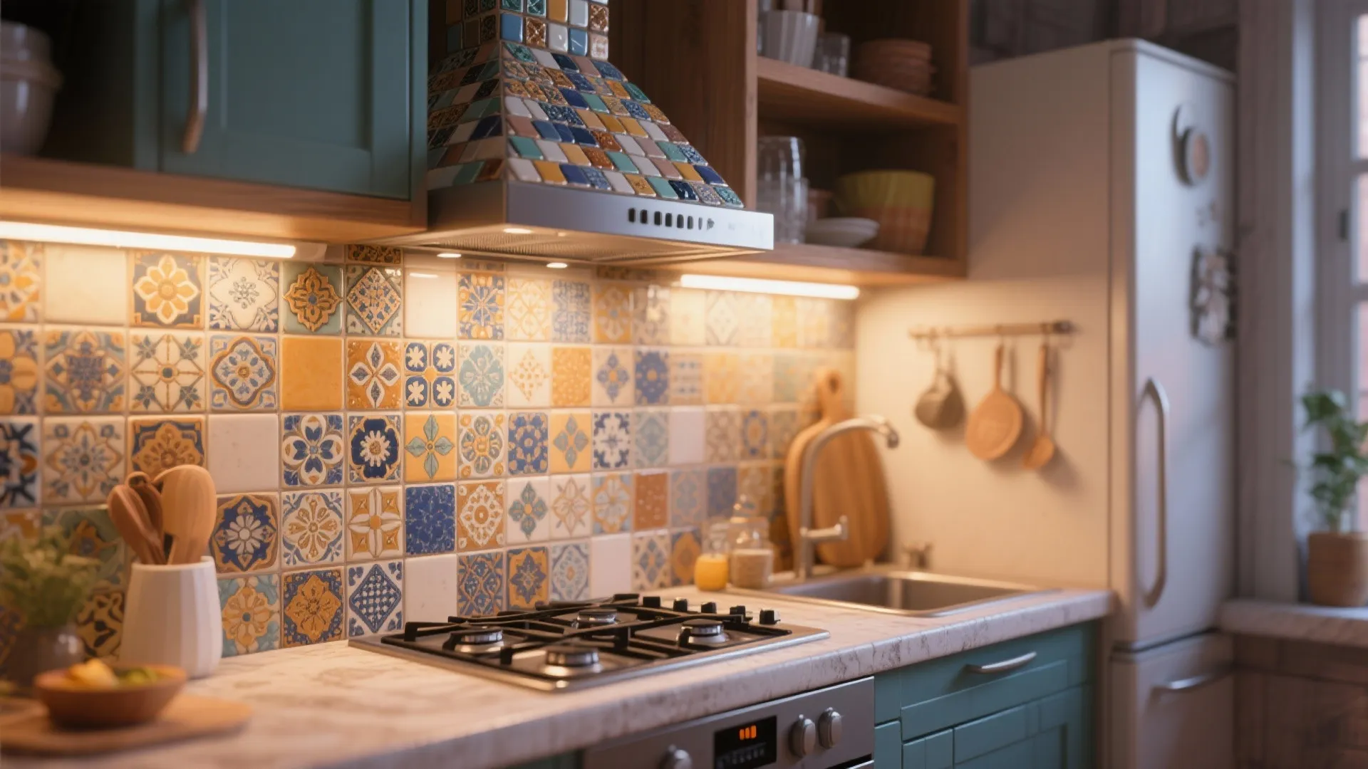 Colorful patterned tile backsplash and range hood in kitchen with wood cabinets stove and warm lighting
