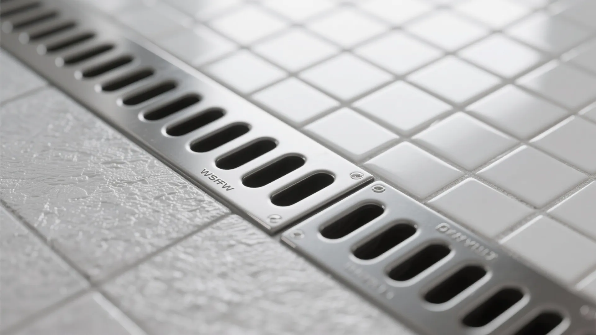 Close up metal floor drain installed between white square tiles and textured light grey tiles