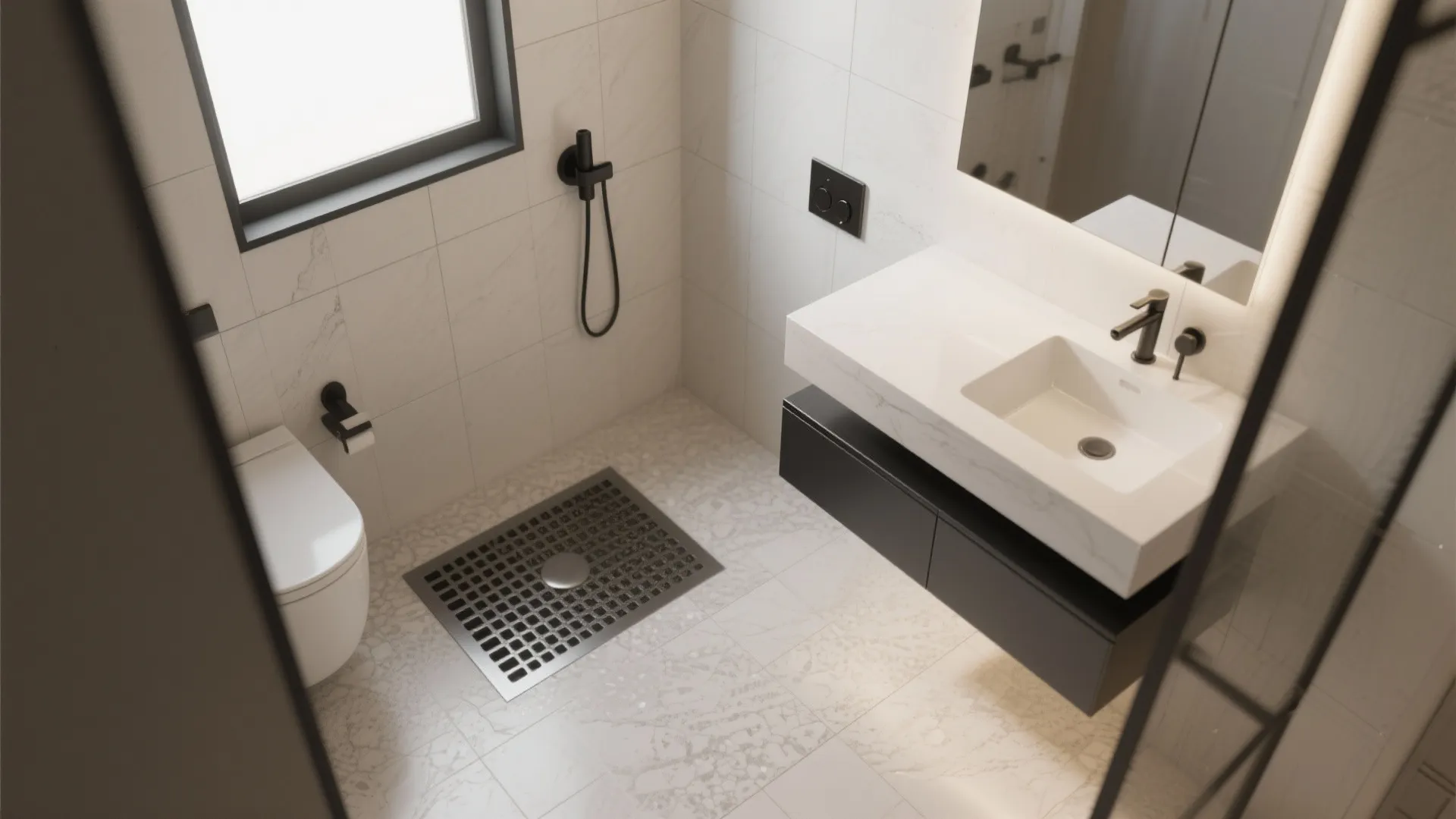 Small bathroom interior design drawing featuring white sink, black cabinet, toilet, and square floor drain
