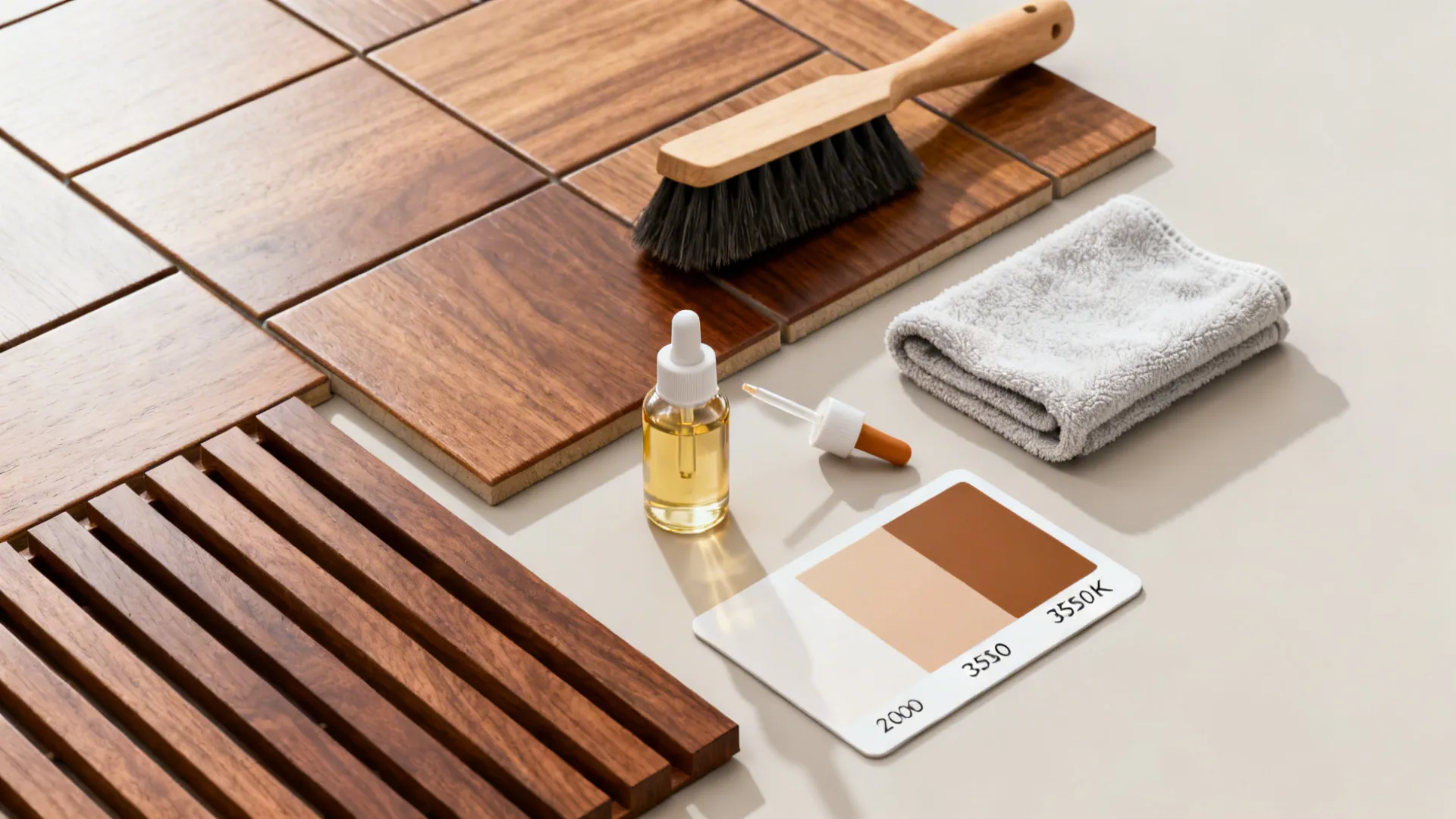 Top-down layout of wood tile maintenance tools and a 3000–3500K lighting guide card.