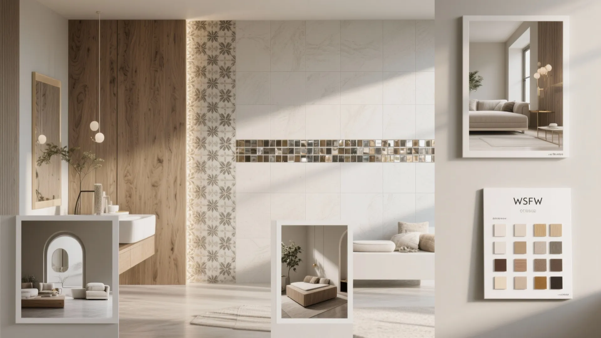 Interior design mood board showing white tiles wooden wall panels and various small material color samples