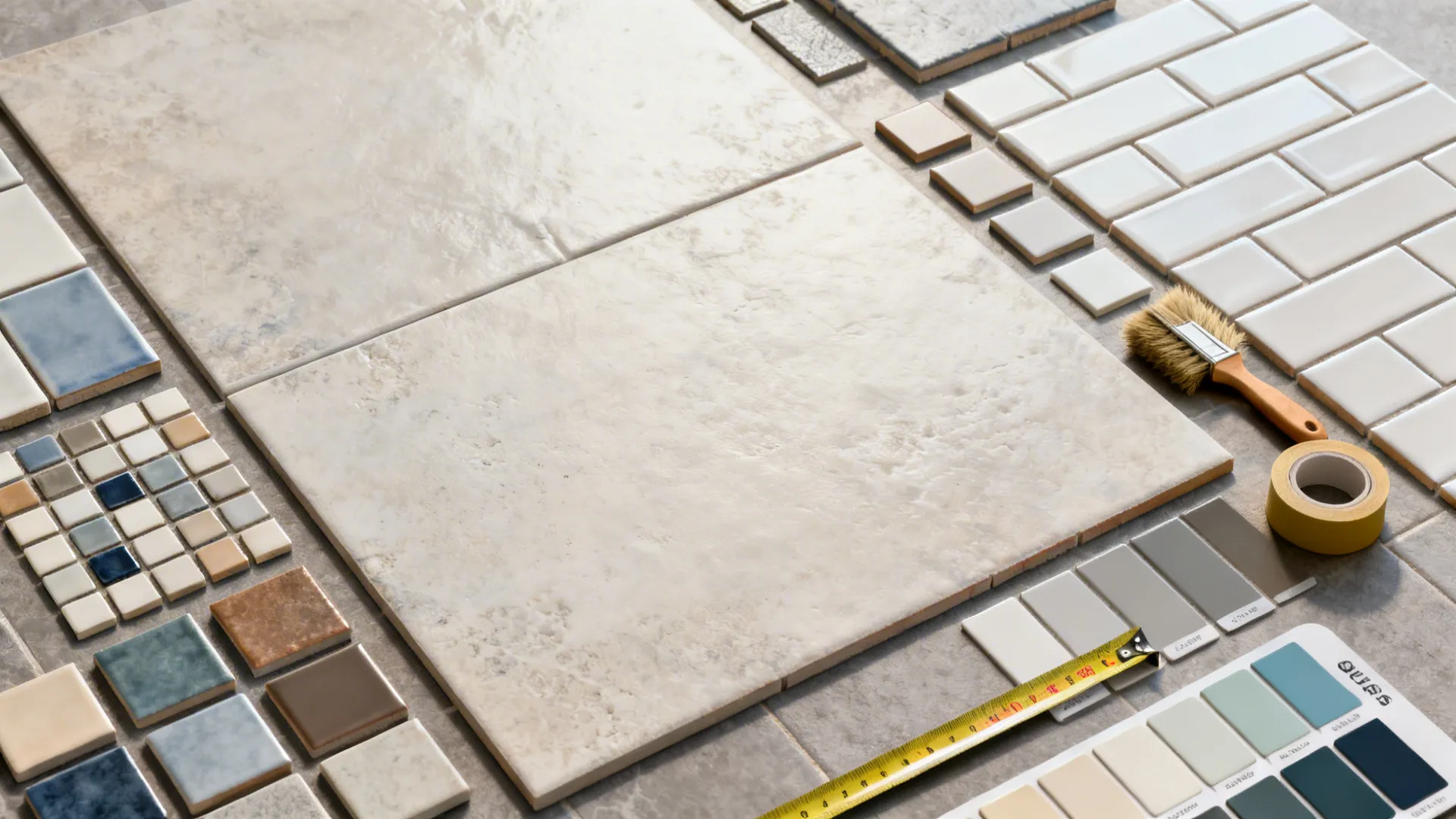 Flatlay of tile samples, grout chips and installer tools illustrating common tile FAQs