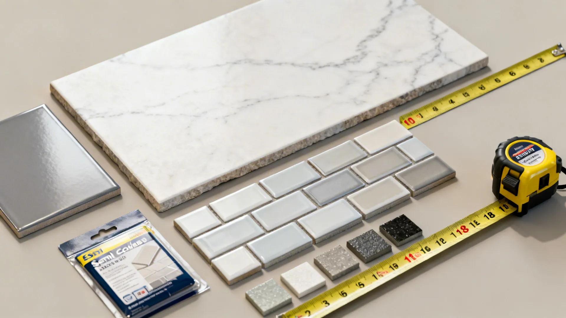 Flat lay with satin and semi-gloss tiles, slab and subway samples, grout swatches, and a tape measure marking backsplash height.