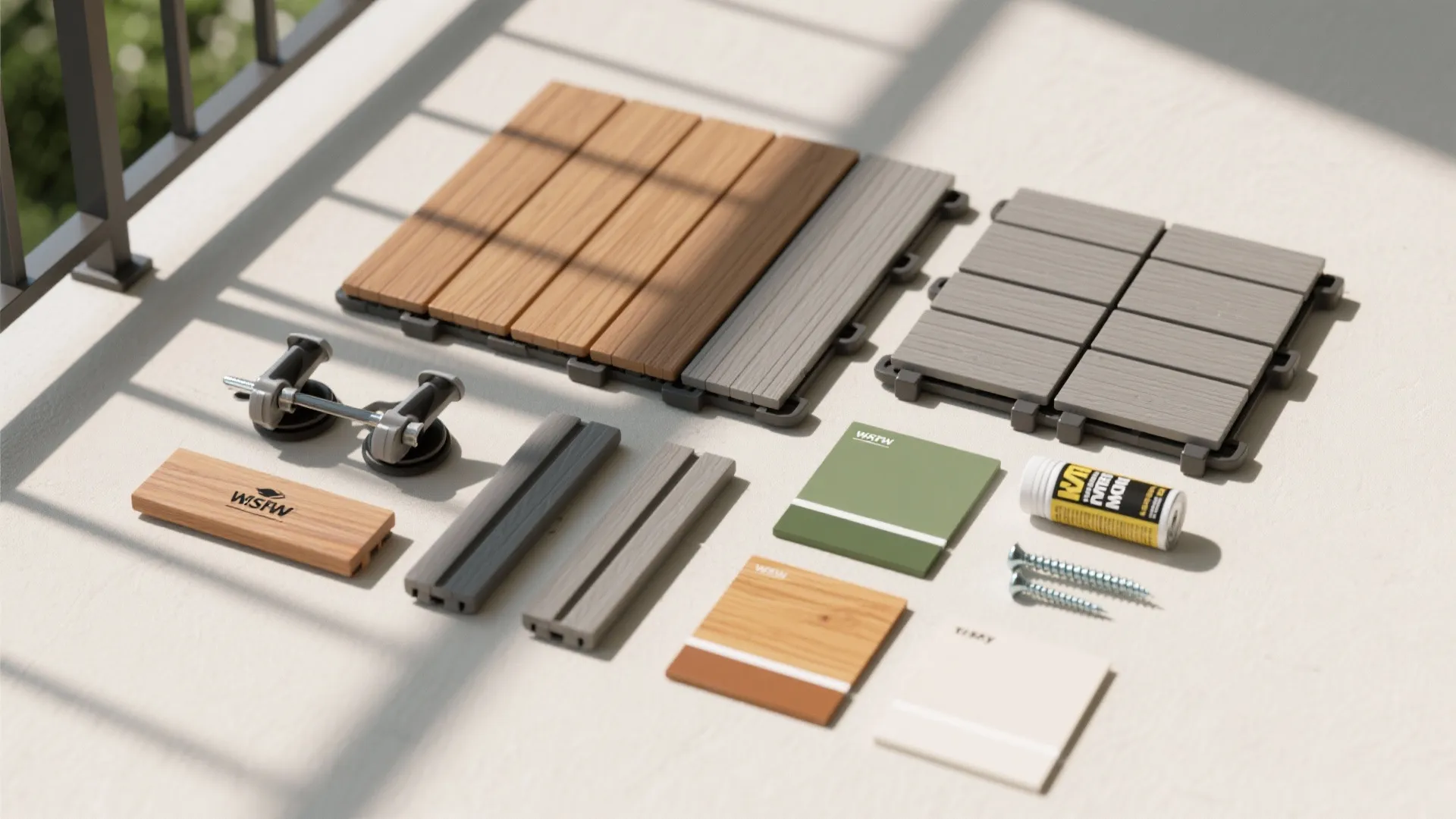 Warm wood underfoot: deck tiles and slatted screens