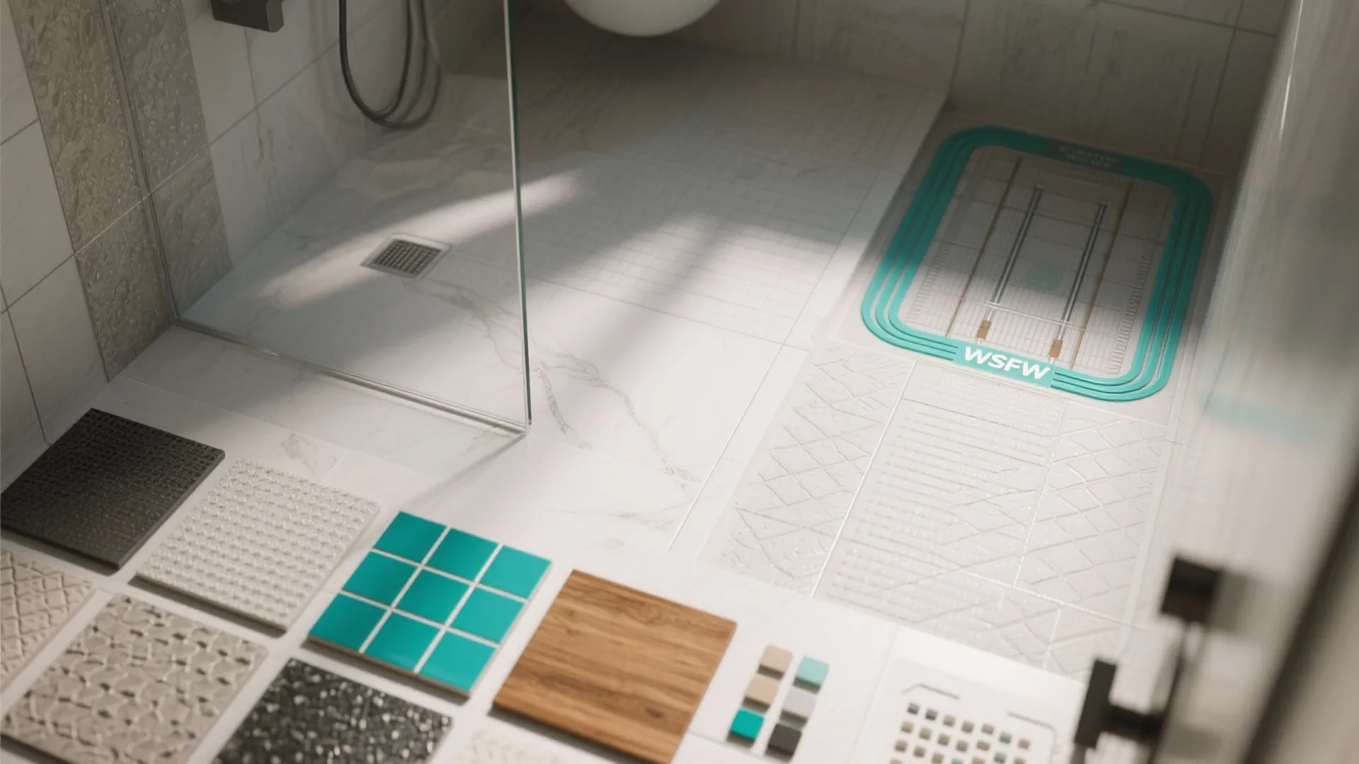 Top-down flatlay of tile samples, grout swatches and underfloor heating mat for a wet room material palette.
