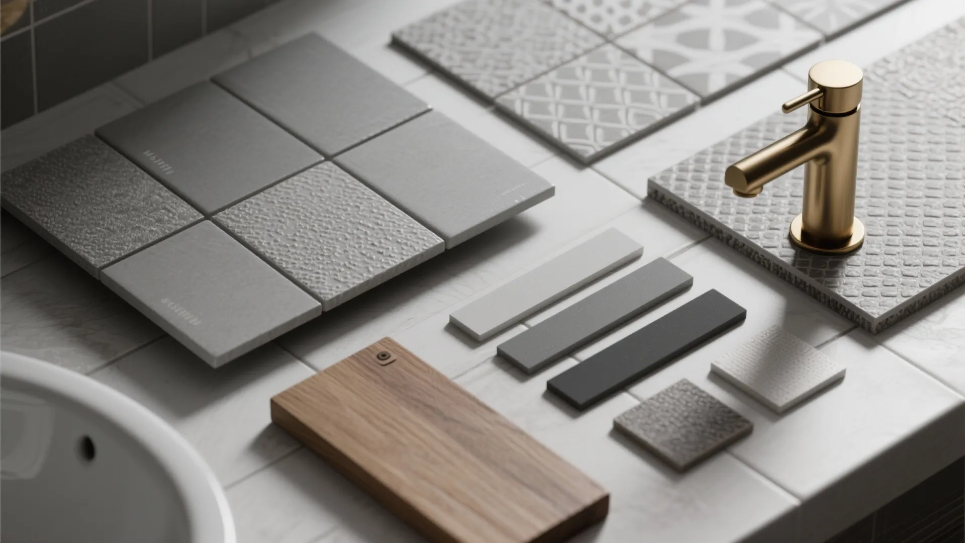 Interior design materials including gray tiles wood board and gold faucet on a white marble surface