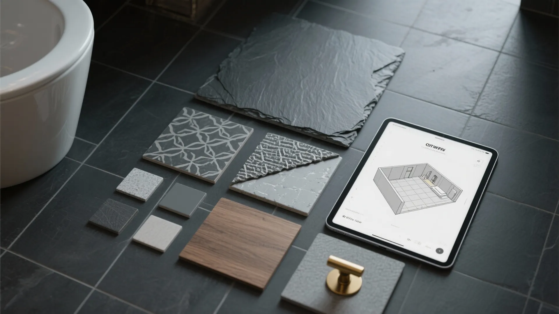 Material board with tile samples and wood piece next to tablet showing interior design drawing