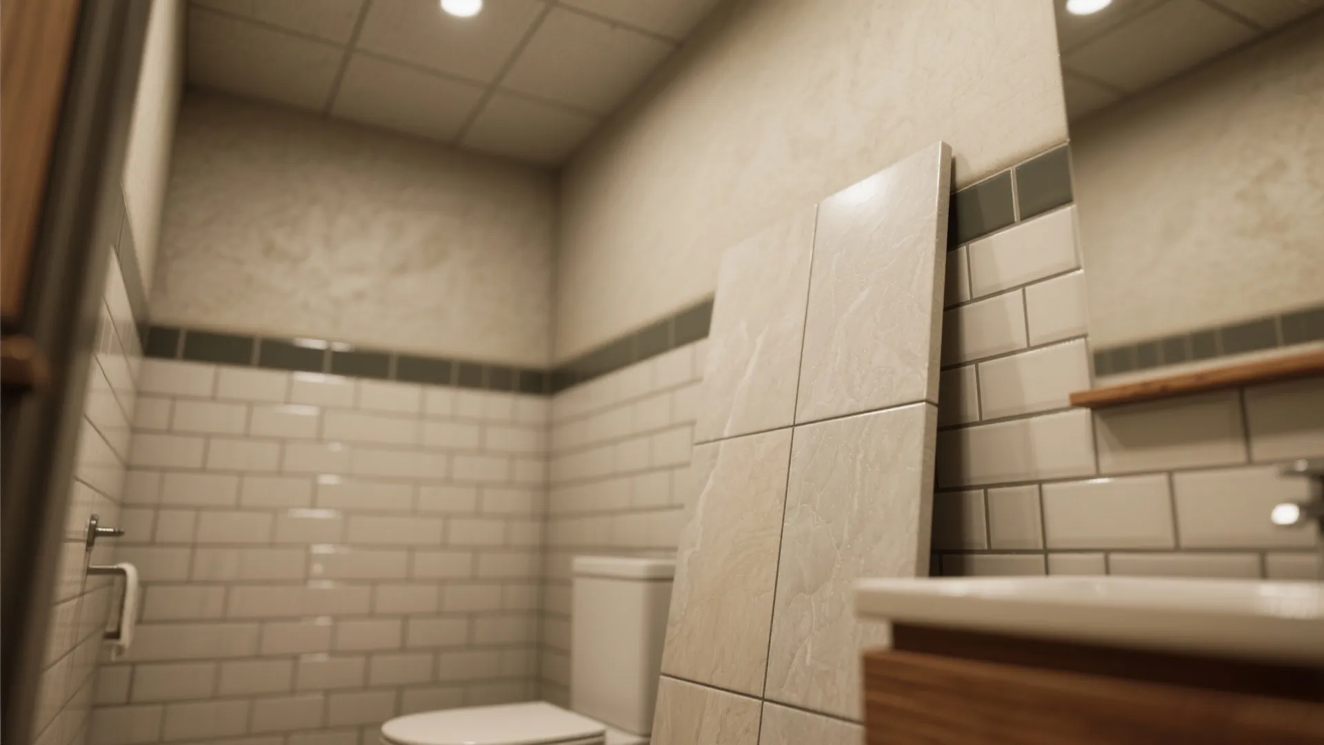 Interior design drawing showing large beige floor tiles leaning against white brick pattern bathroom walls
