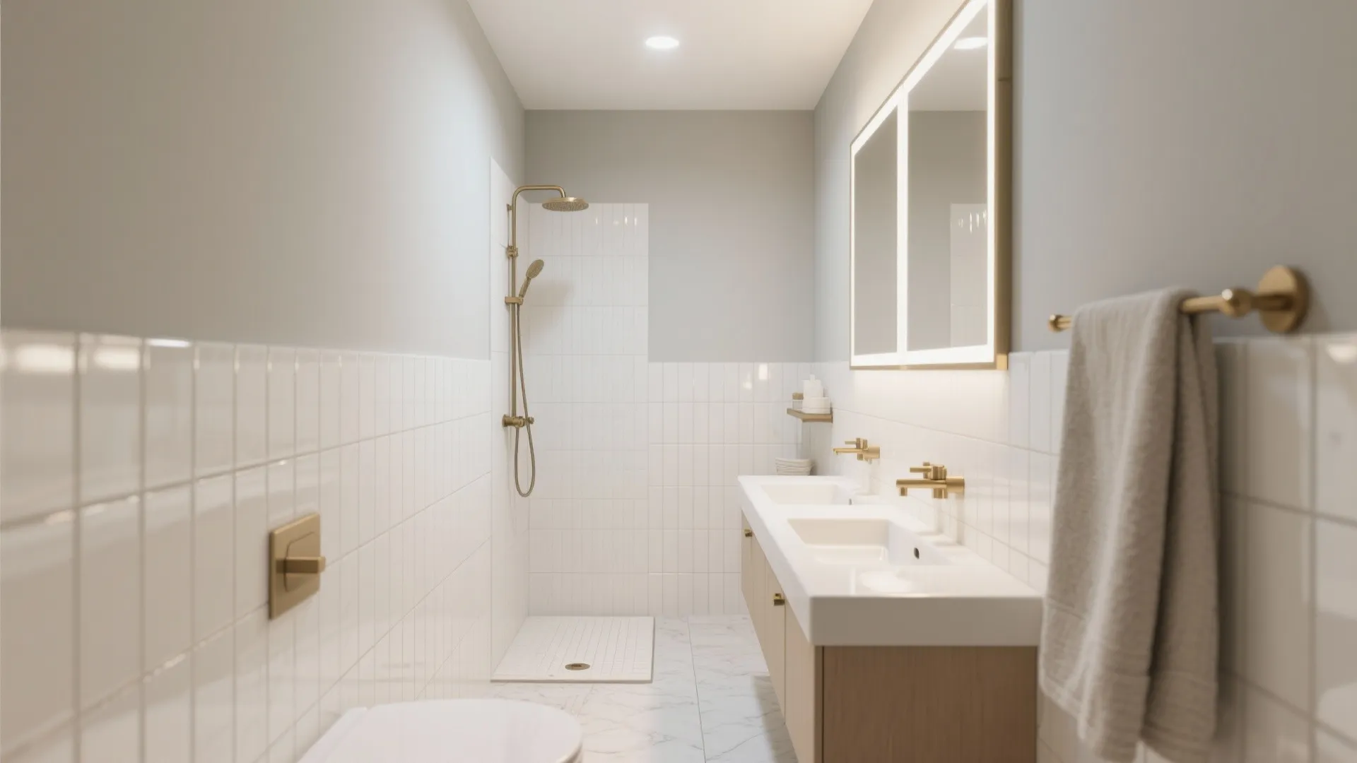 Clean bathroom interior design drawing featuring gold fixtures double sink wooden cabinet and white tiles