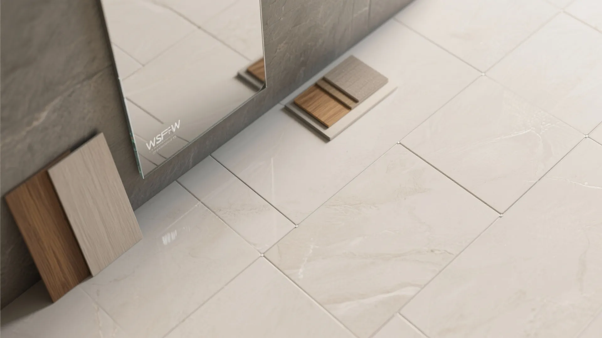 Light cream colored floor tiles layout with wood and stone material samples for interior design