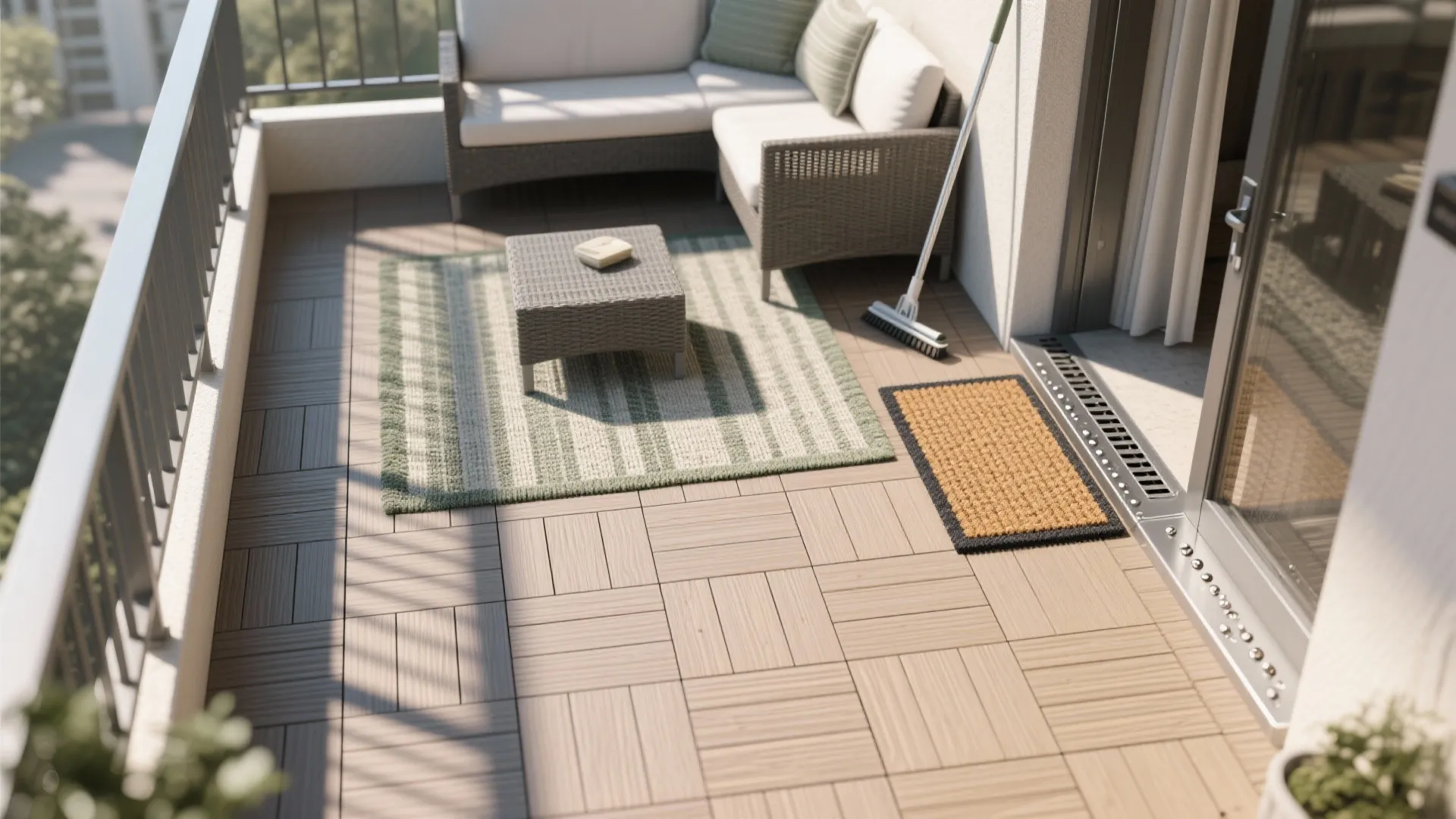 Balcony flooring upgrades: tiles, rugs, and drainage