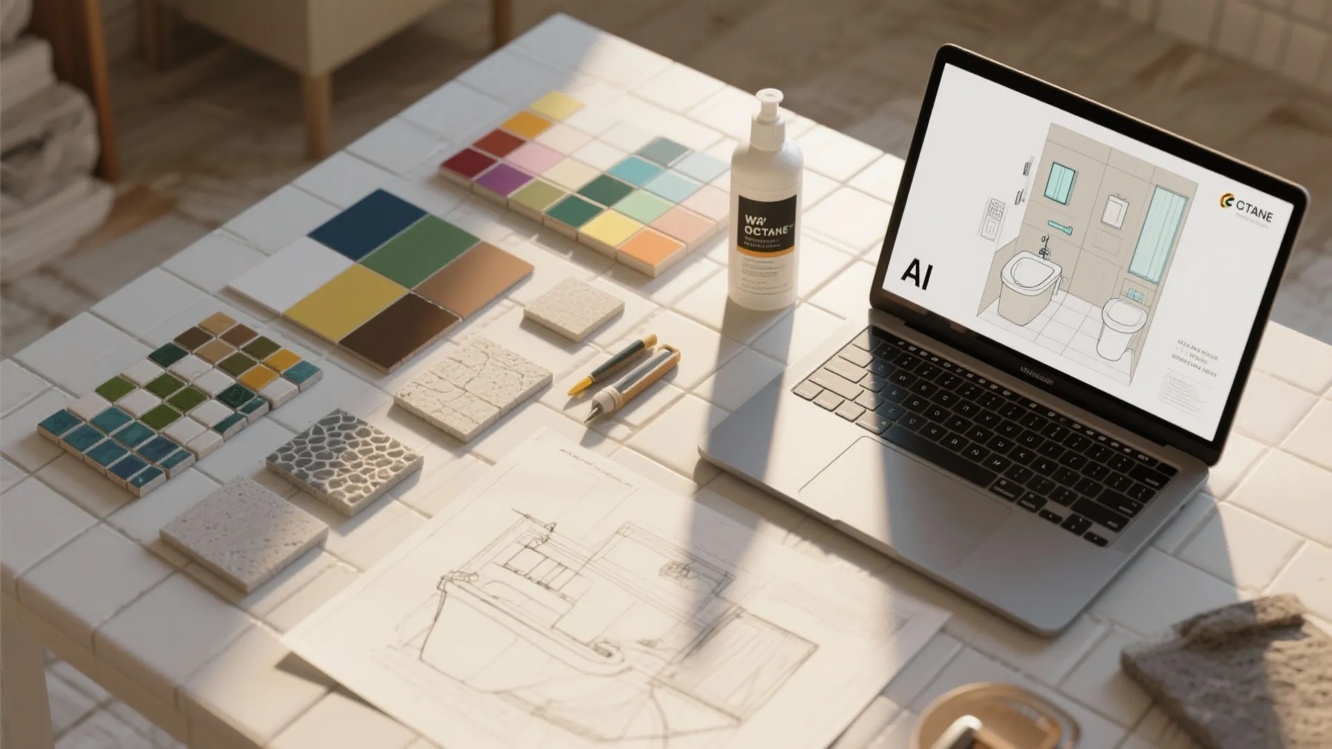 Designer desk with laptop showing interior design drawing tile samples and hand drawn paper sketches