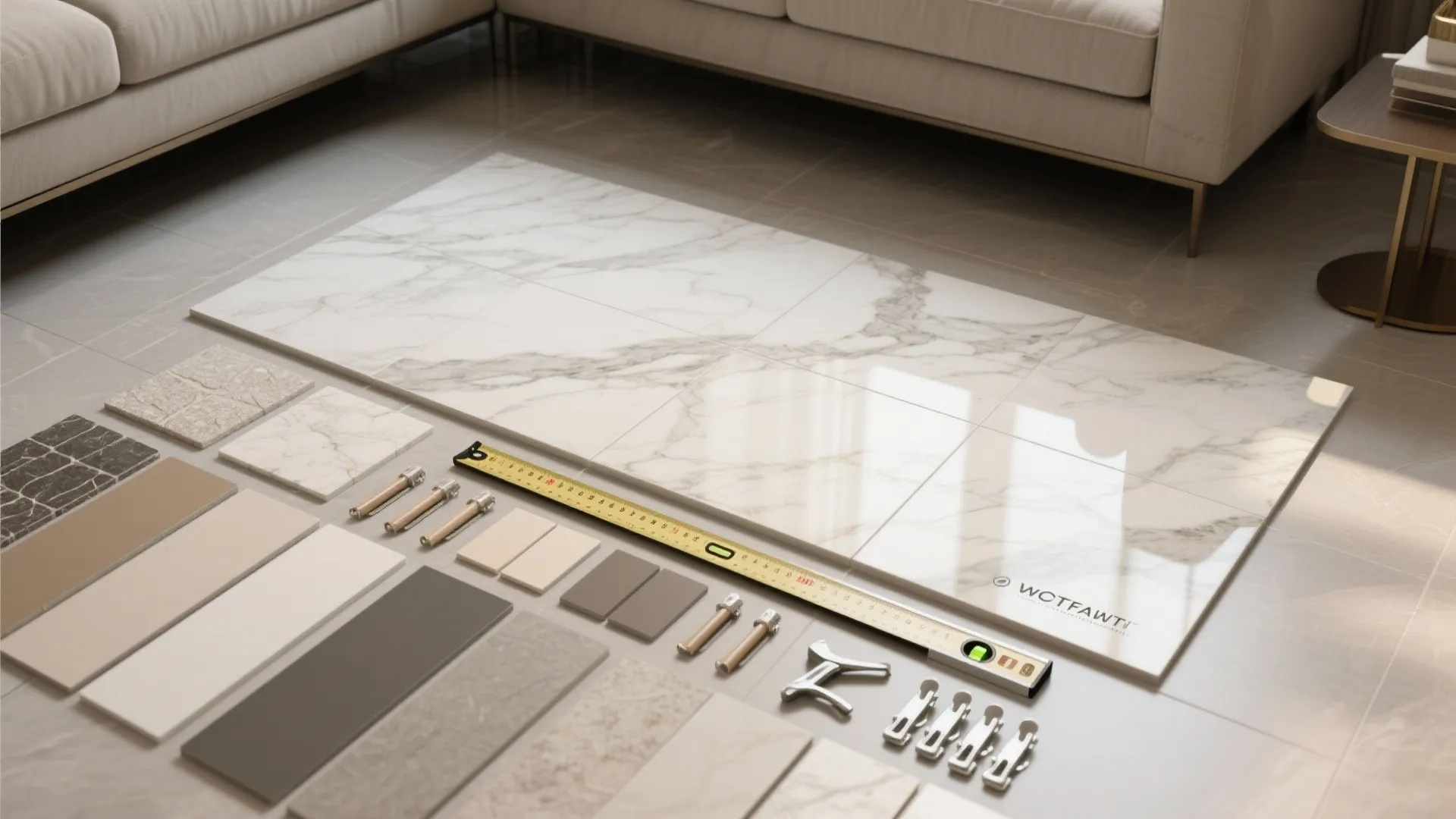 Marble floor tiles displayed on ground with measuring tape and various small stone material samples