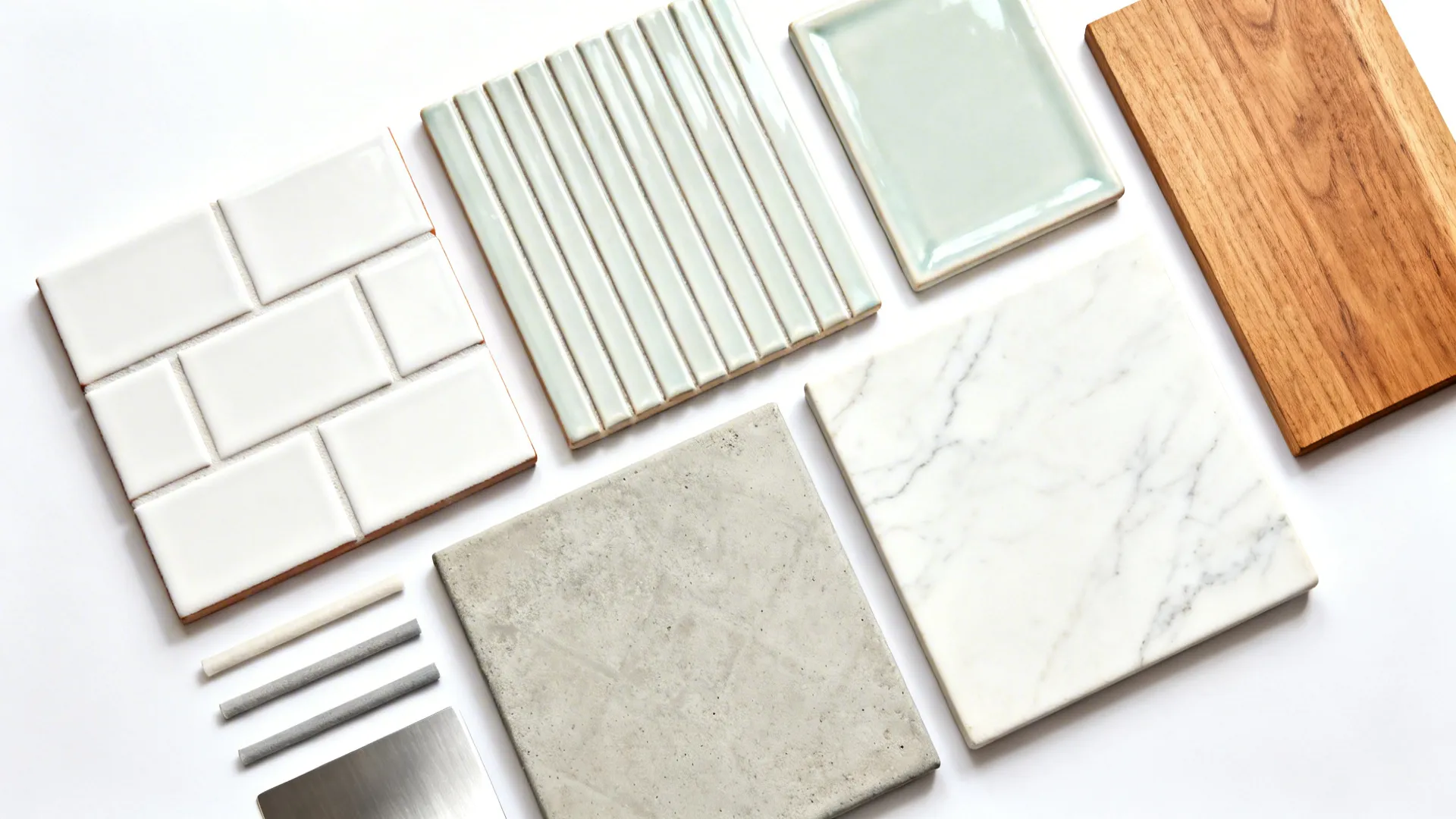 Flat lay of five tile samples—subway, kit-kat, sage zellige, porcelain slab, and muted cement pattern—with grout and finishes.