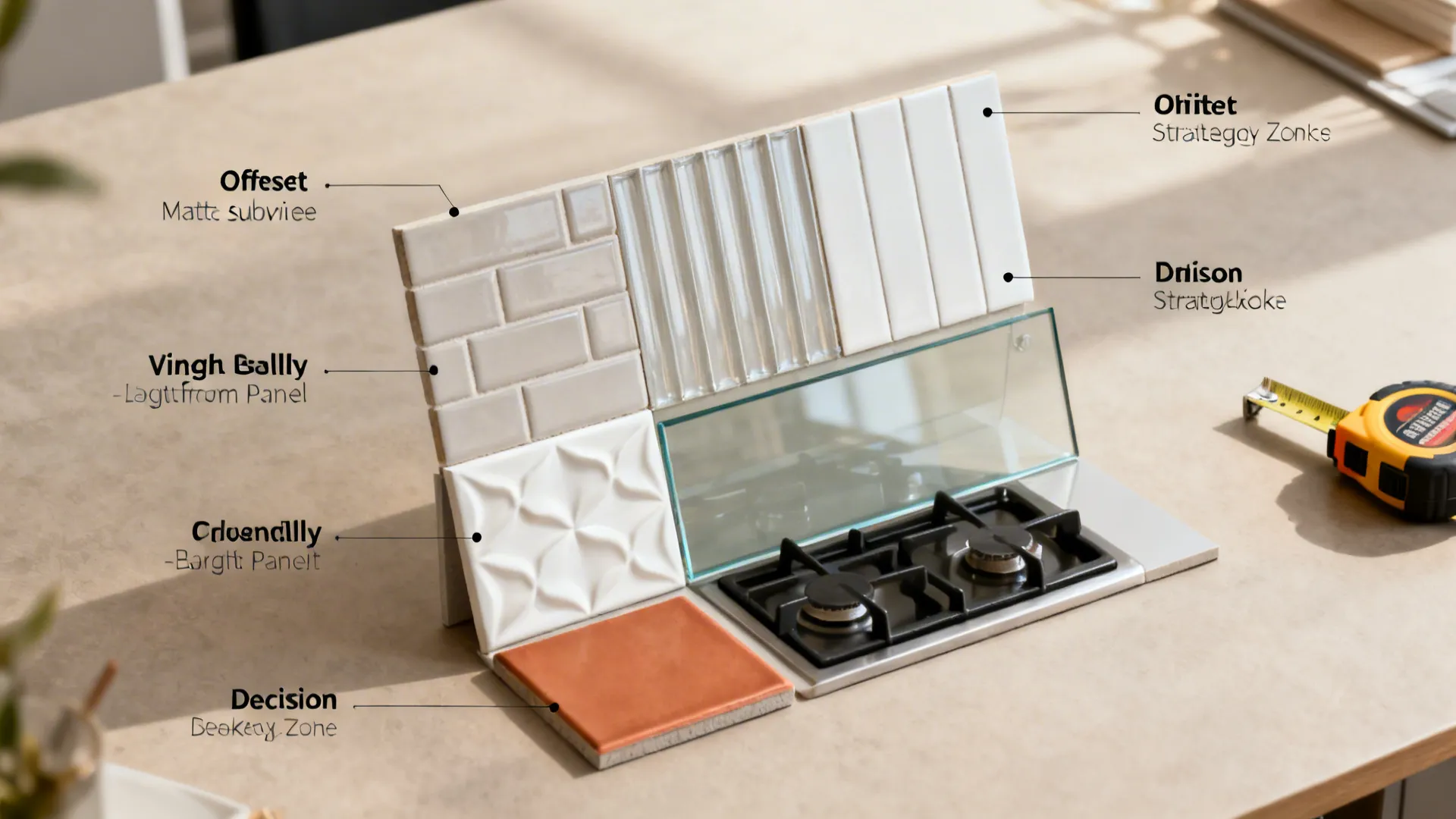 Top-down storyboard of five small-kitchen backsplash strategies arranged for planning.