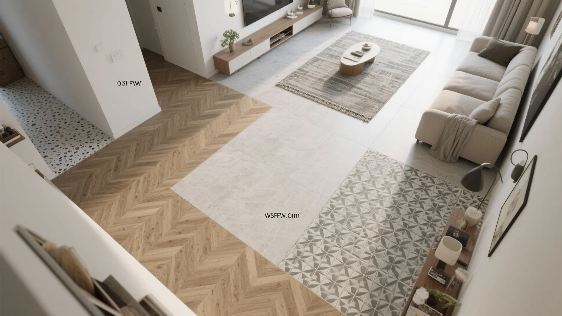 Living room showing different floor materials including wood herringbone tiles and large grey floor tiles