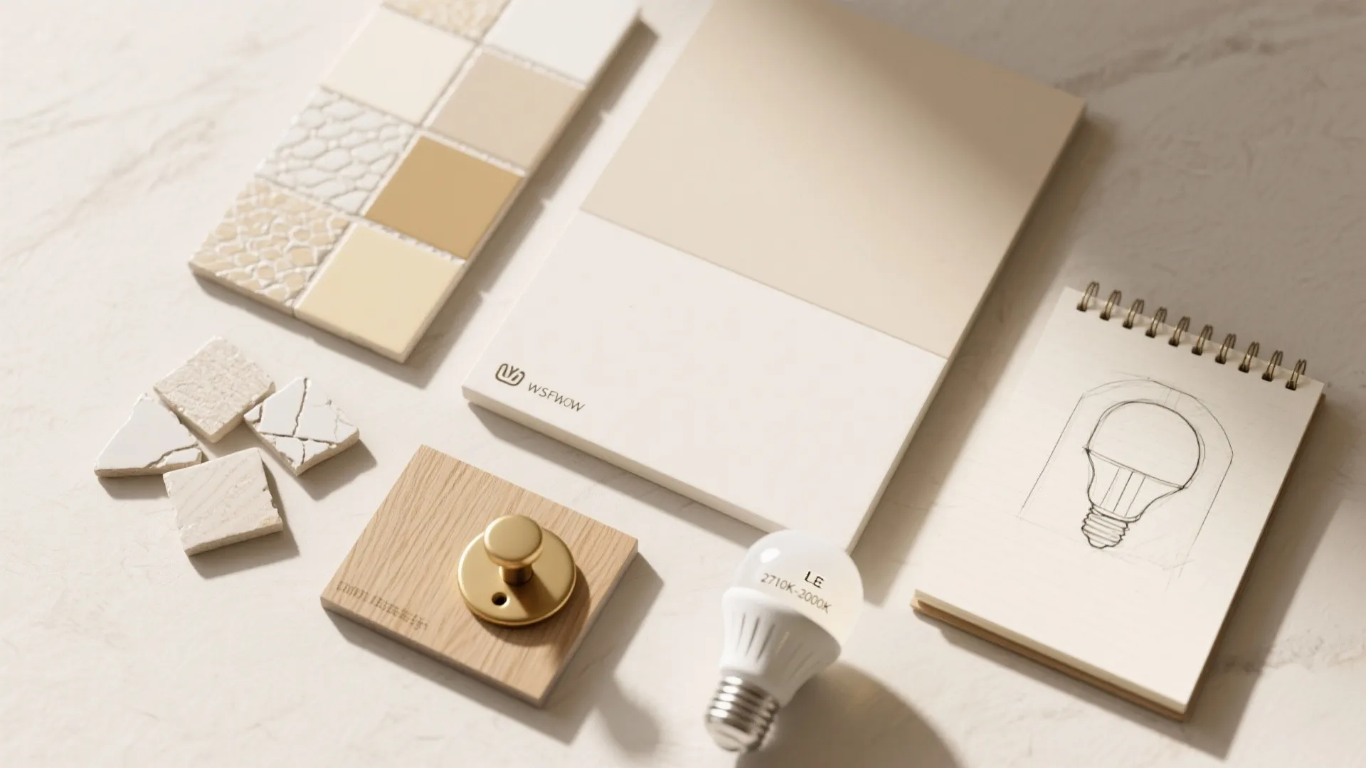 Interior design material samples including tiles wood piece brass knob light bulb and a notebook