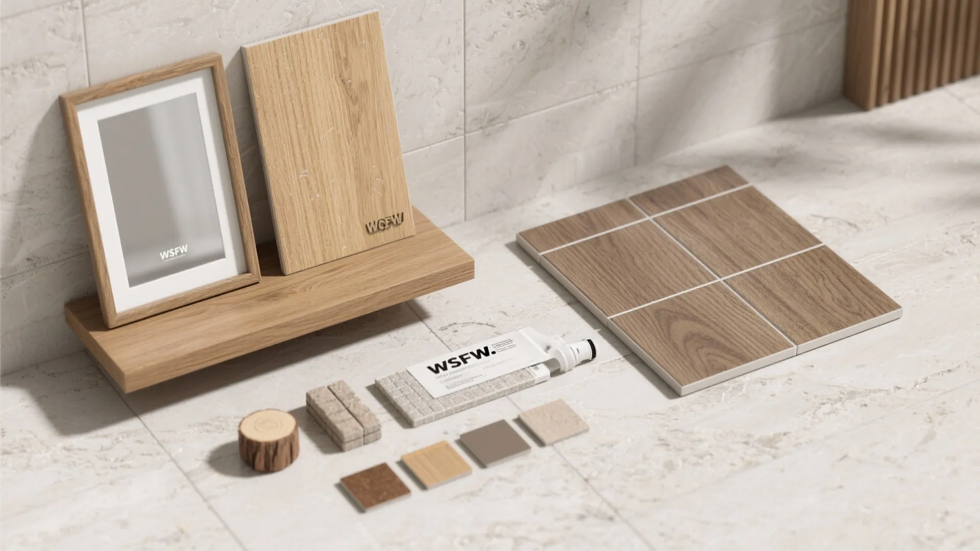 Interior design materials including wood floor samples and picture frame on a light stone floor