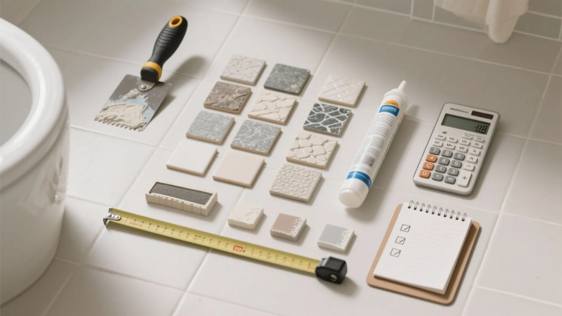 Top-down materials layout with tile samples, adhesive trowel, grout, trims, and tools for budgeting.