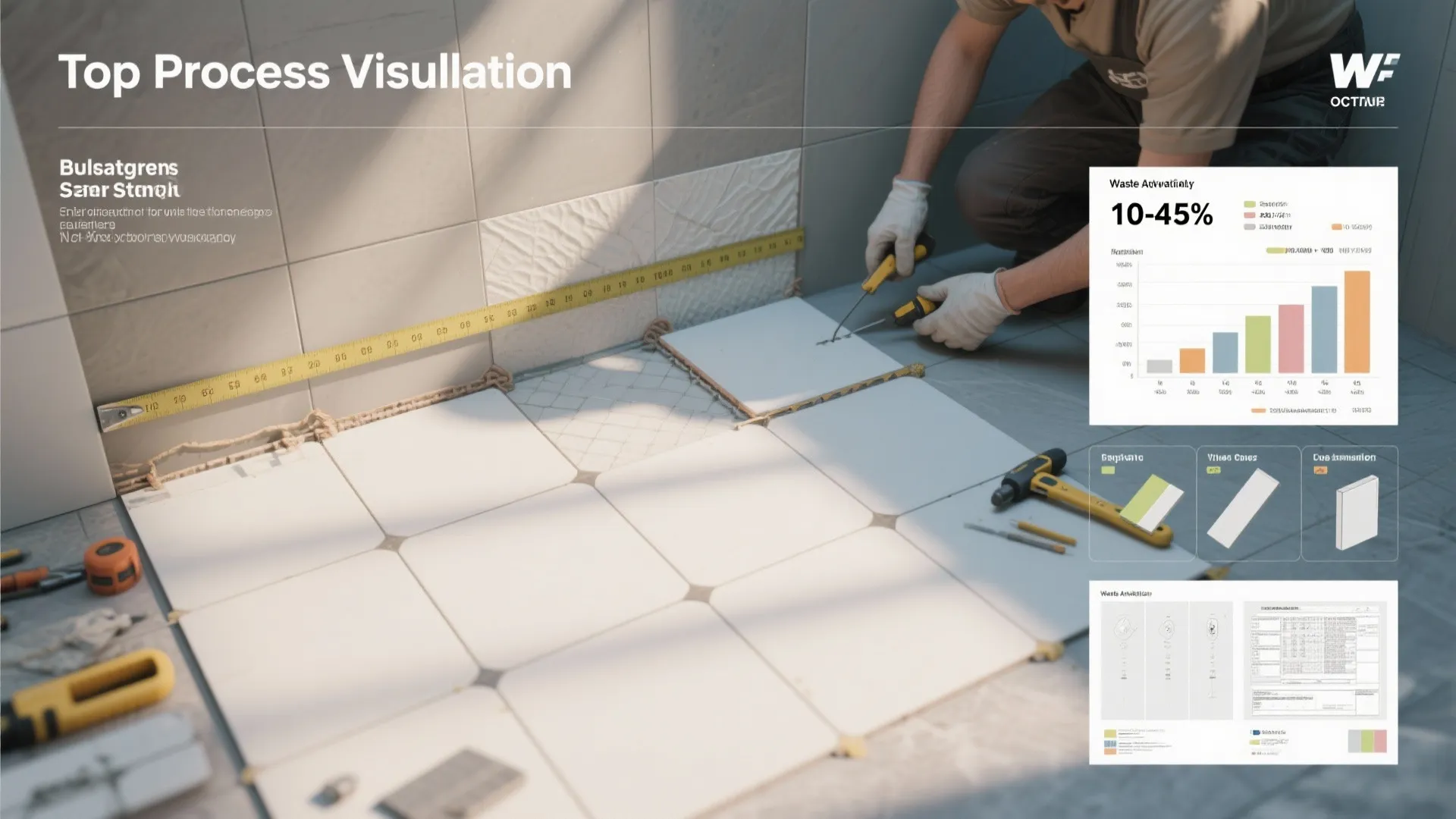 Interior design drawing showing tiling process with floor tiles measurement tape and waste management charts