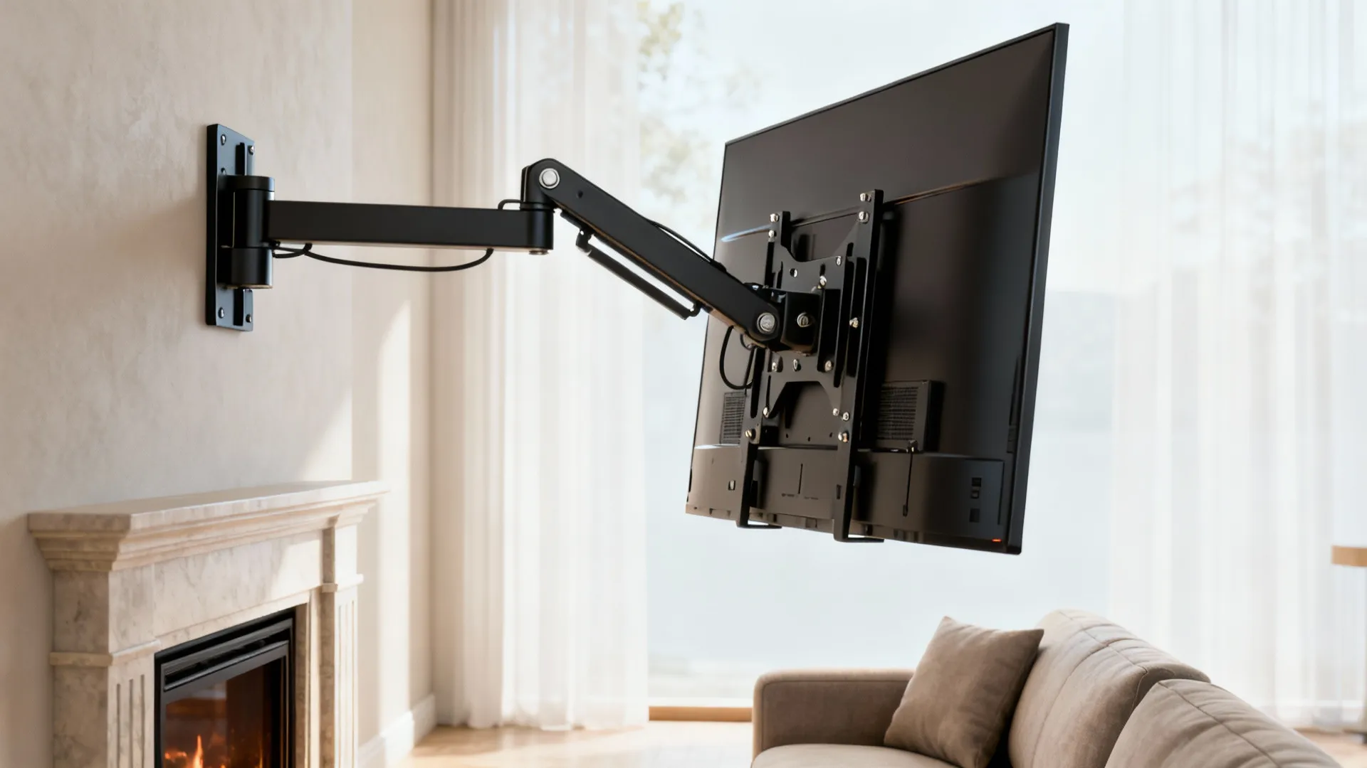 Black adjustable television wall mount extending from wall above a fireplace in a bright room