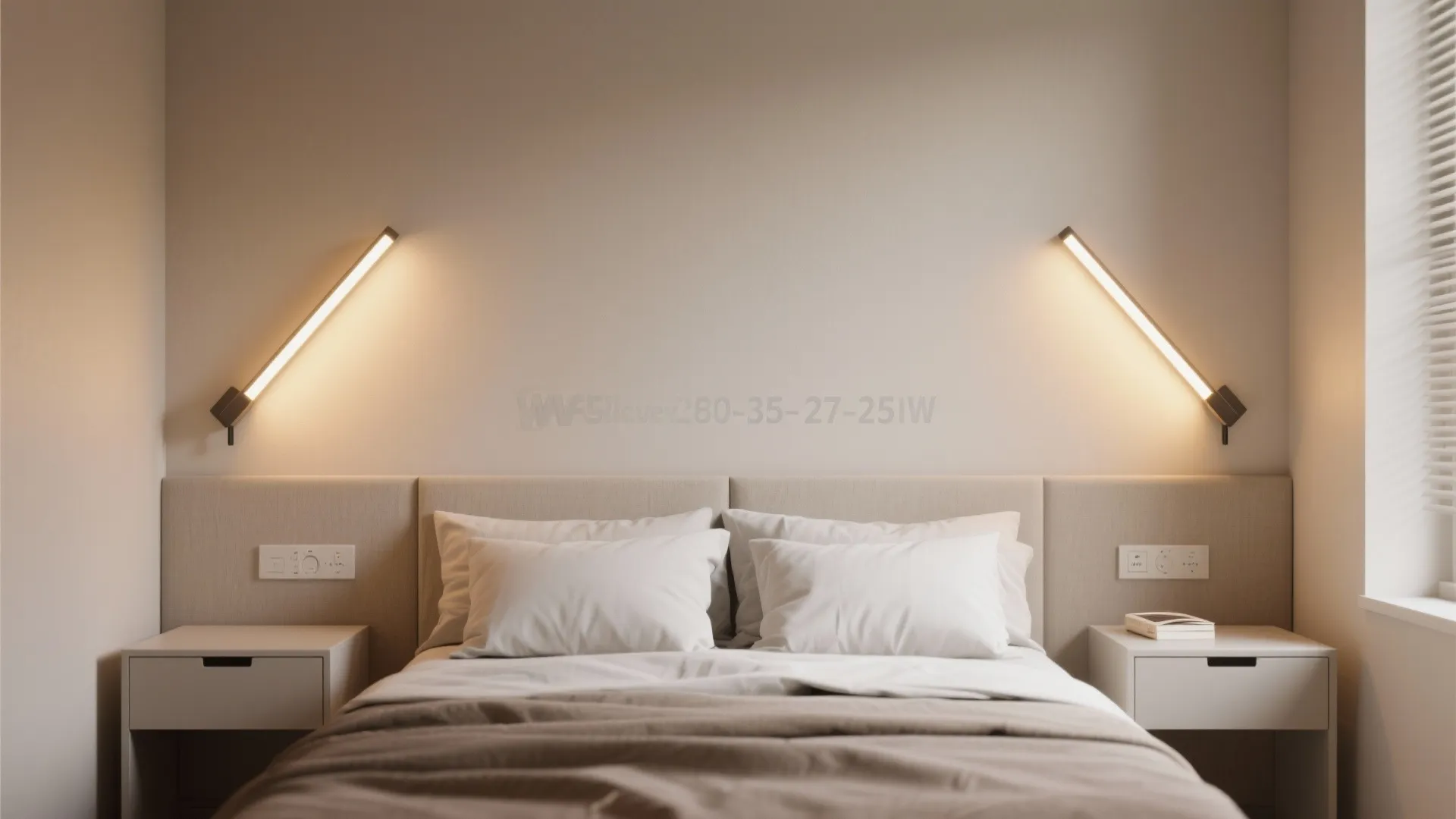 Modern bedroom with two diagonal wall lights above white pillows on a beige upholstered bed