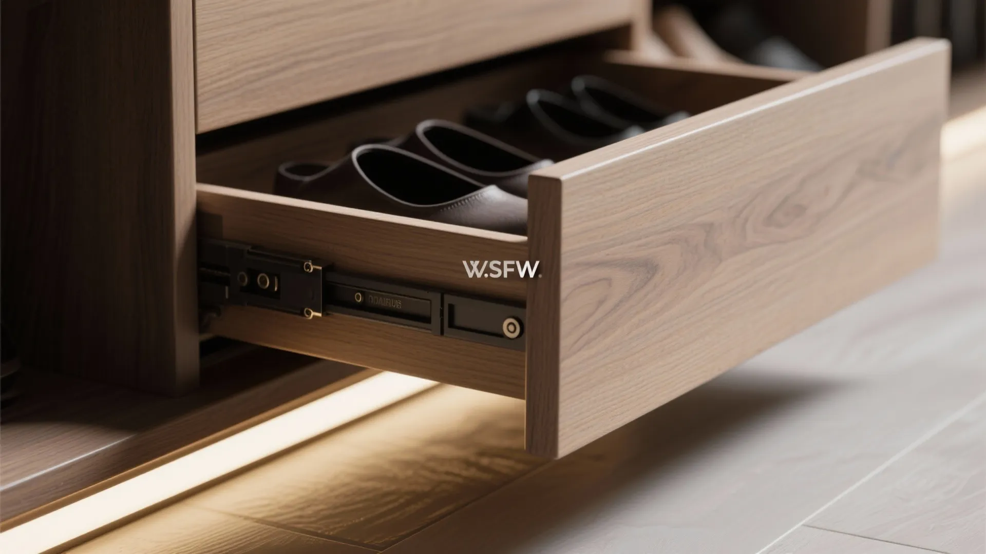 3) Floating wall unit with recessed lighting and shoe drawer