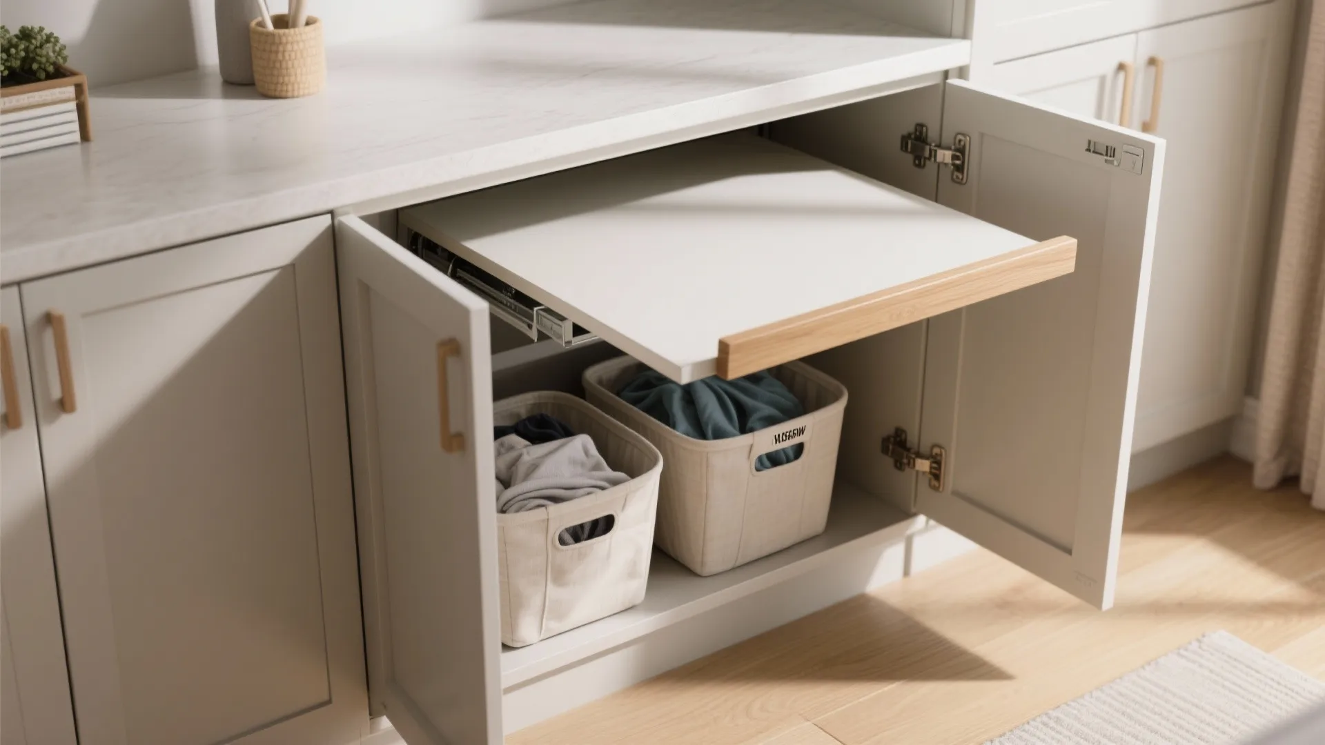 5. Cabinet with Built-In Tilt-Out Hampers and Folding Surface
