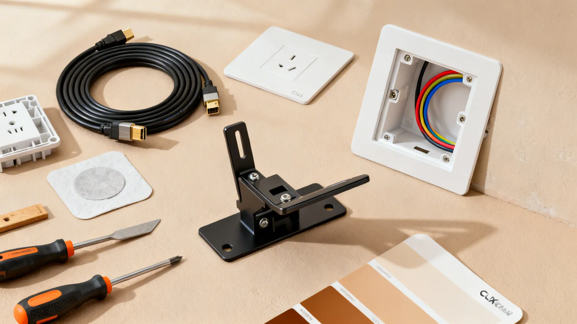 Flat-lay of slim tilt mount, in-wall rated HDMI, recessed power kit, and patch tools.