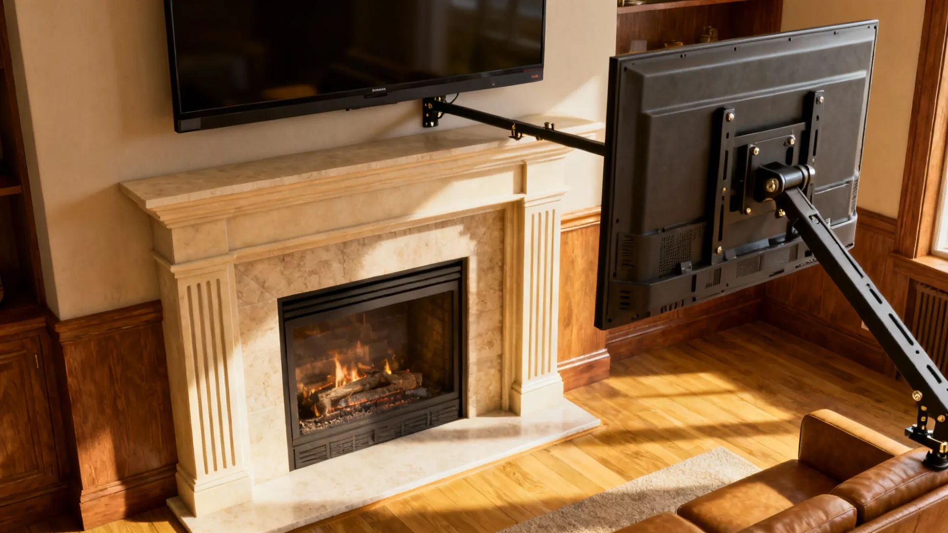 Fireplace with lowered mantel and TV on a tilting bracket angled toward seating.