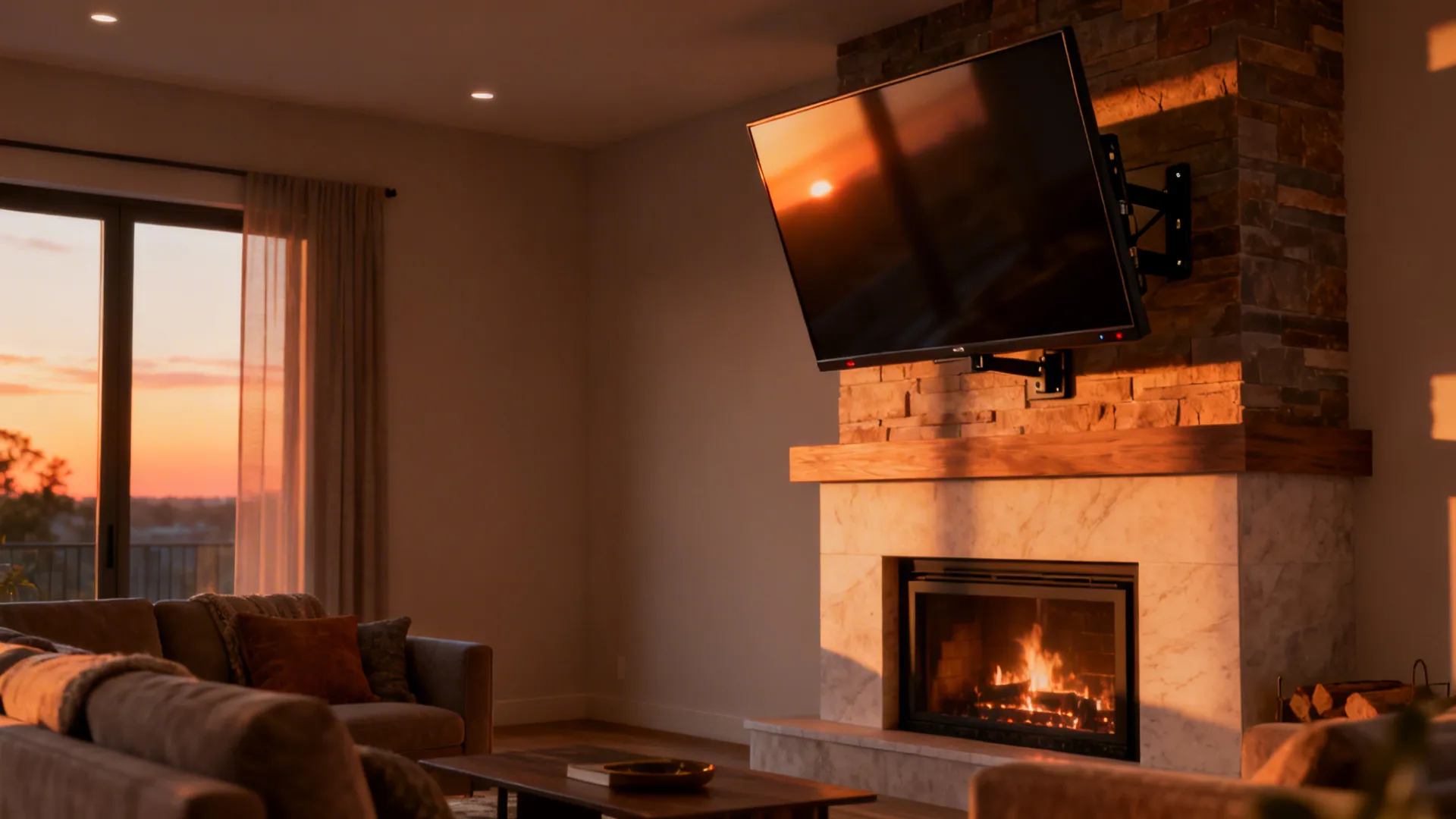 TV mounted above a fireplace on a tilt mount, angled down toward the seating area with minimal glare