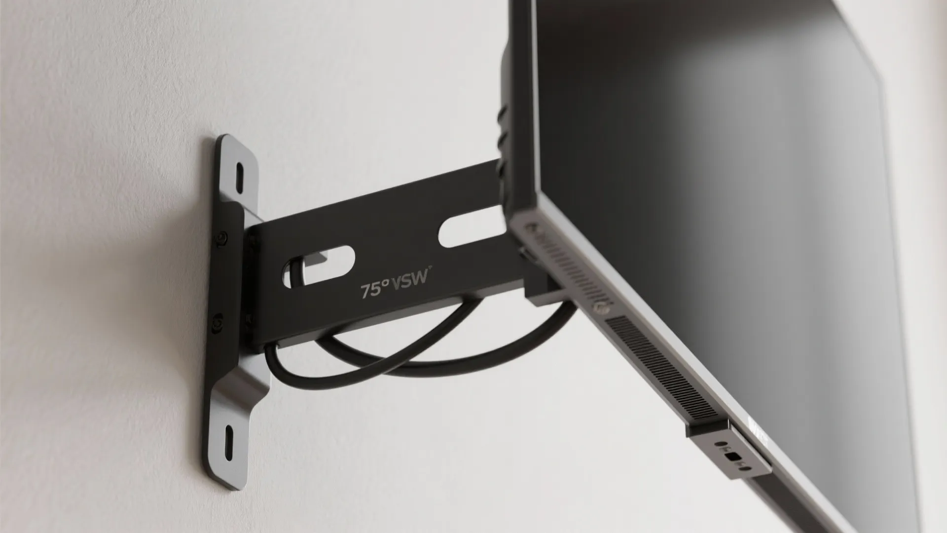 Black metal wall mount holding a television screen with cables neatly tucked behind the bracket