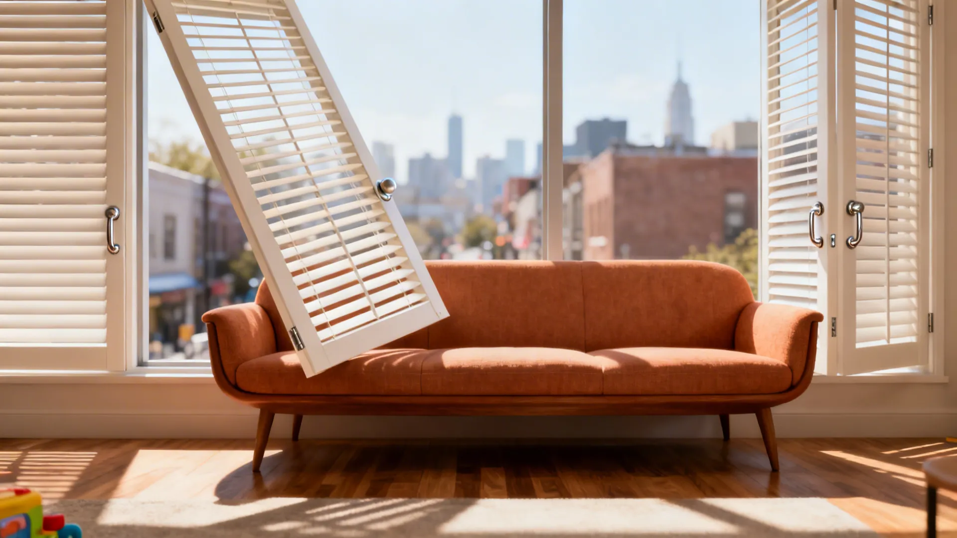 Apartment living room with tilt-only plantation shutters angled for airflow and privacy.