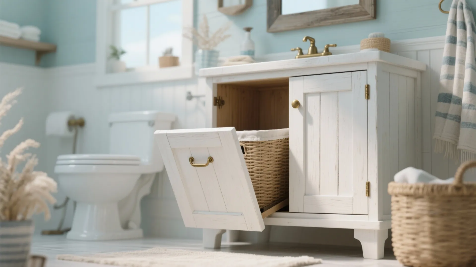 White bathroom cabinet with a tilt out laundry basket and a toilet in the background